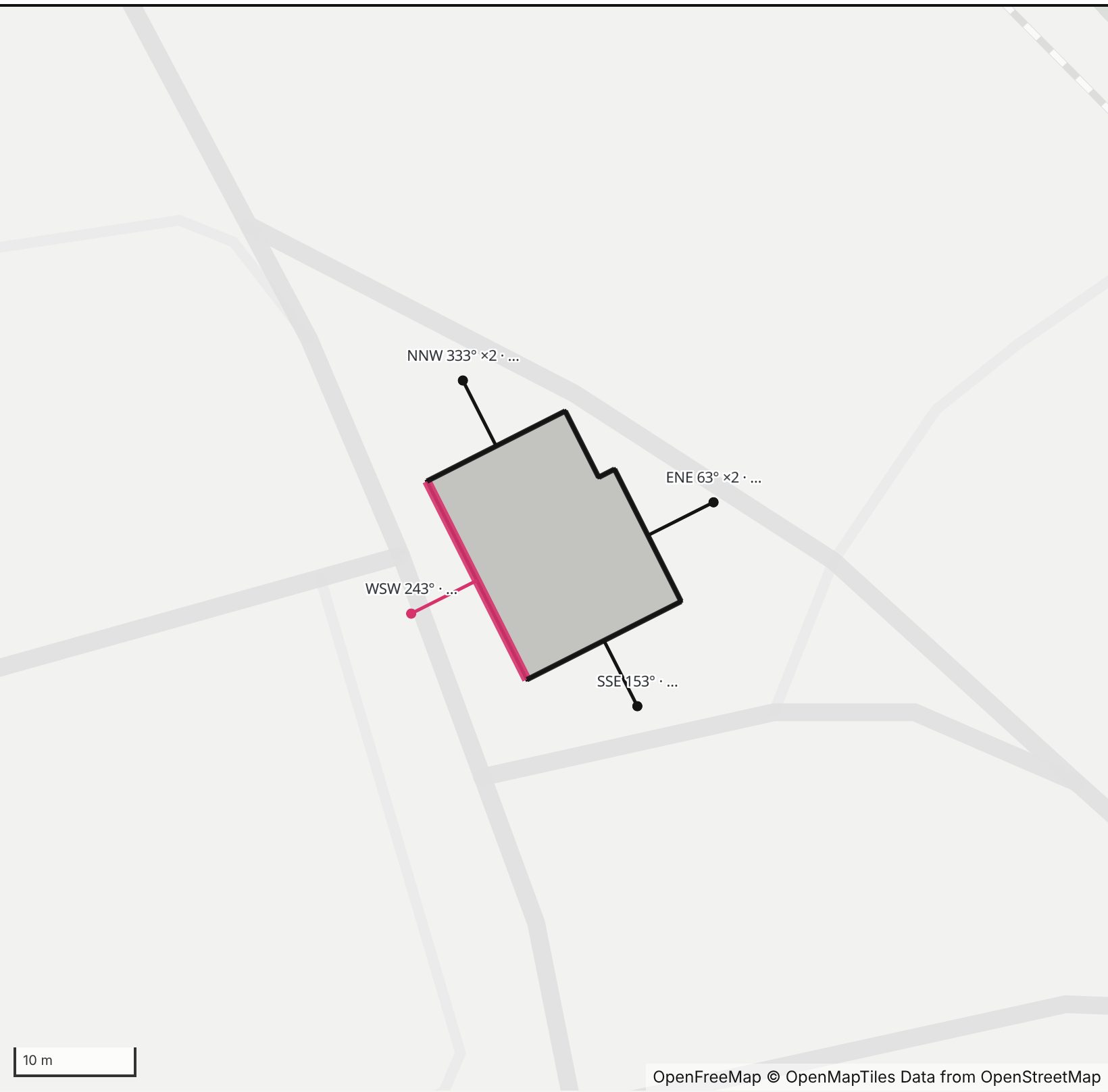 Map of the Tennis Barn on East Drive at Amherst College in Henge Days, with its west-southwest wall highlighted in pink and every wall labeled with its bearing.