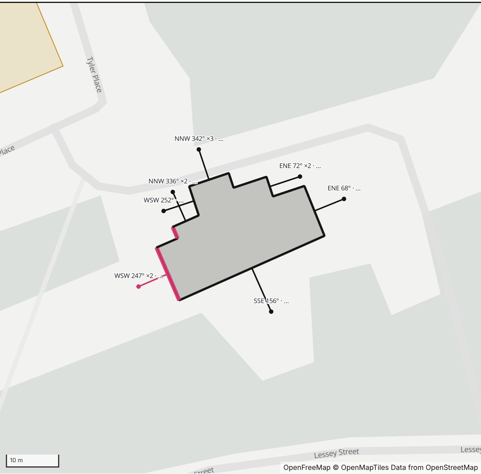 Map of Plimpton House in Henge Days, with the west-southwest wall highlighted and every wall labeled with its bearing