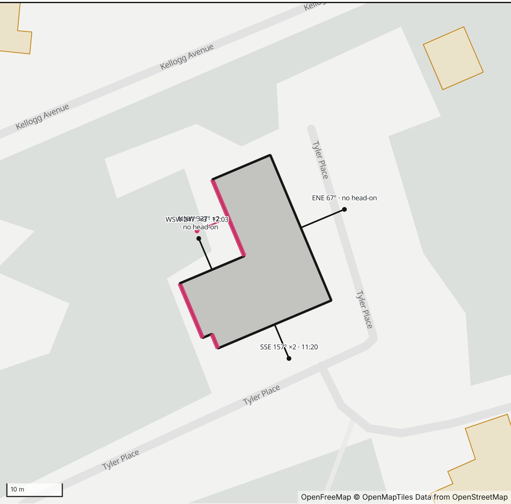 Map of Tyler House in Henge Days, with the west-southwest wall highlighted and every wall labeled with its bearing