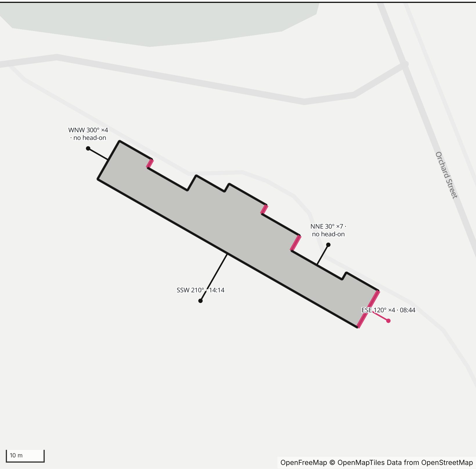 Map of Grandstand at Pratt Field in Henge Days, with the east-southeast wall highlighted and every wall labeled with its bearing