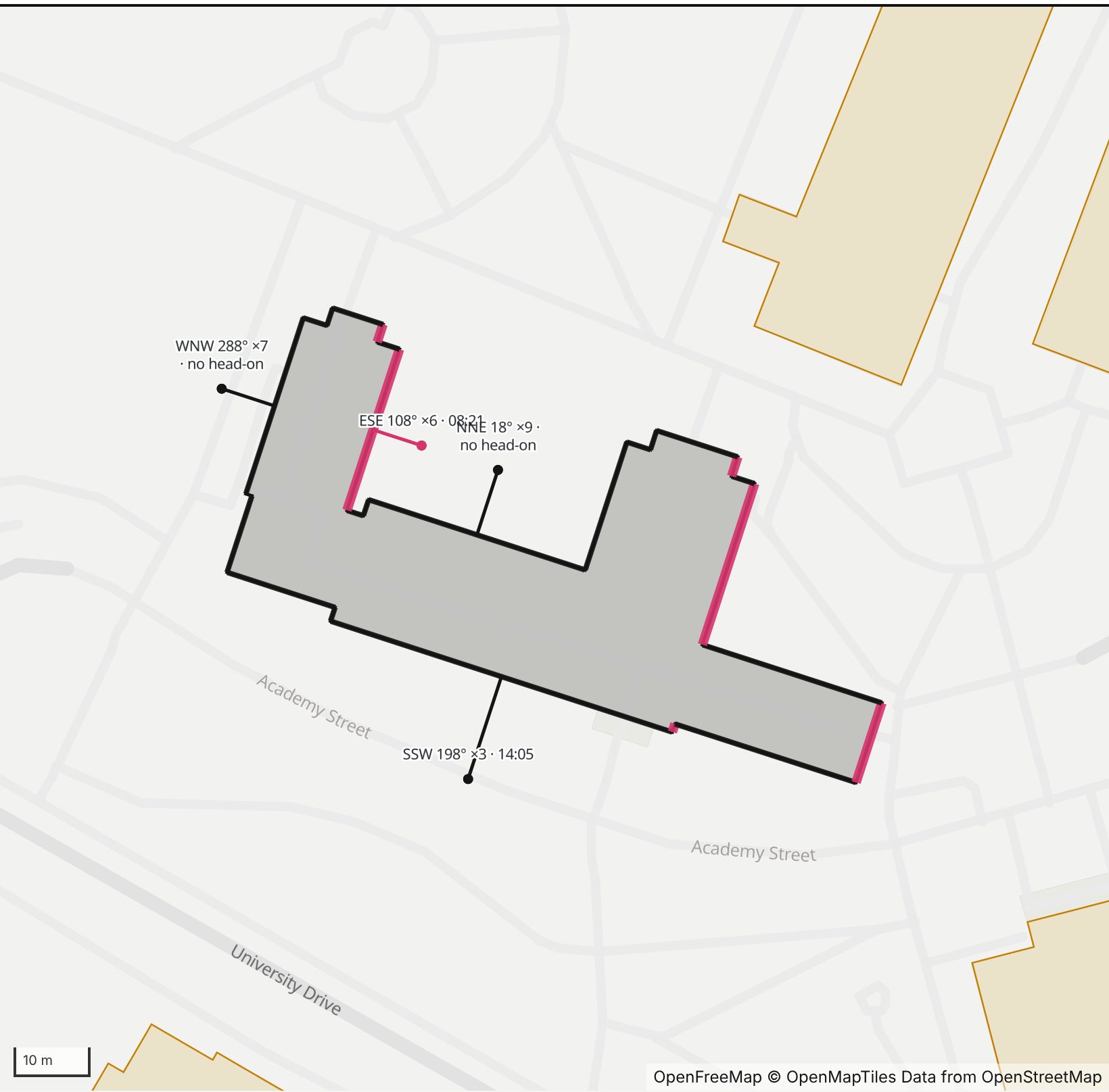 Map of I.G. Greer Hall in Henge Days, with the east-southeast wall highlighted and every wall labeled with its bearing