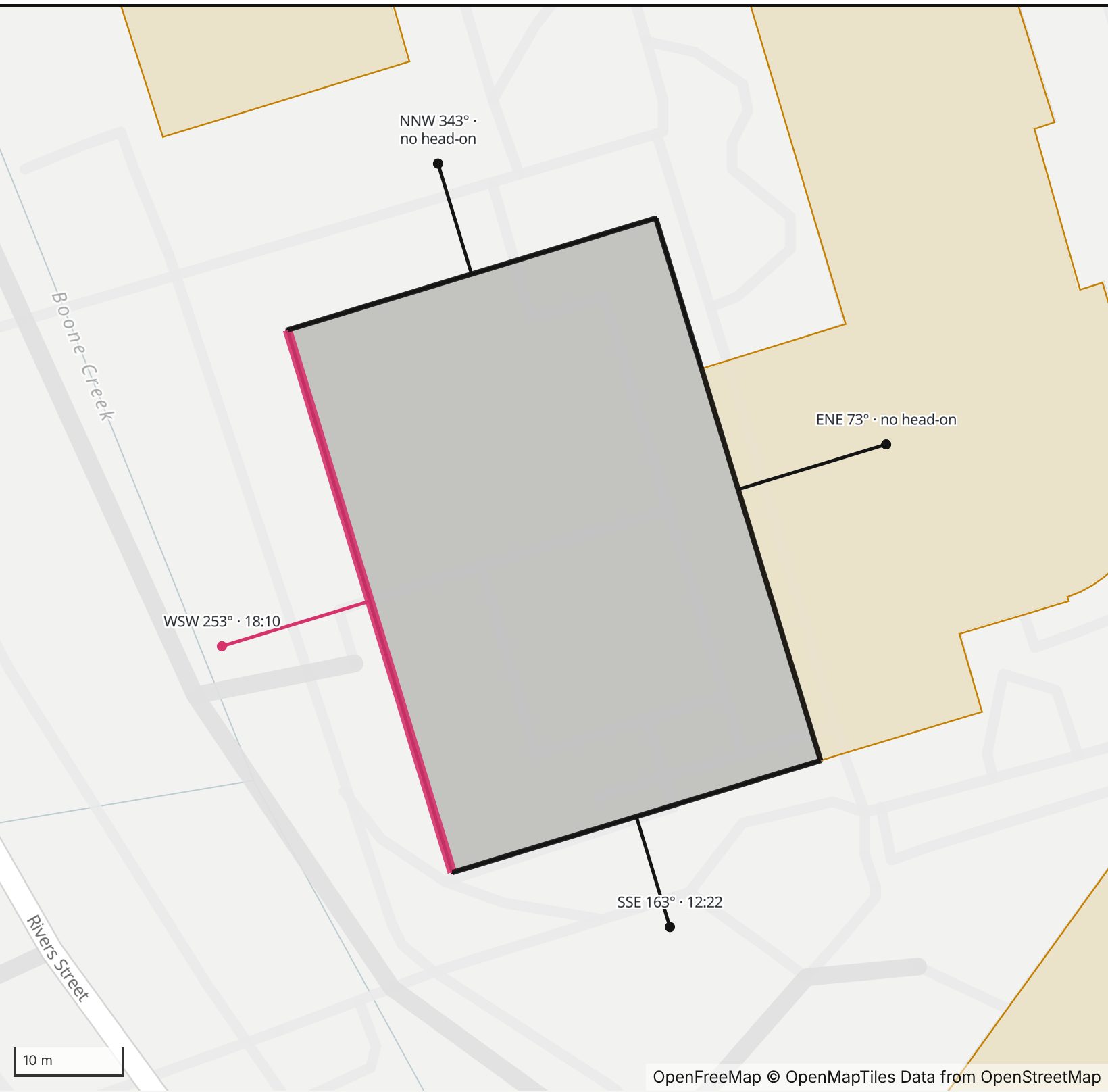 Map of Rankin Science West in Henge Days, with the west-southwest wall highlighted and every wall labeled with its bearing