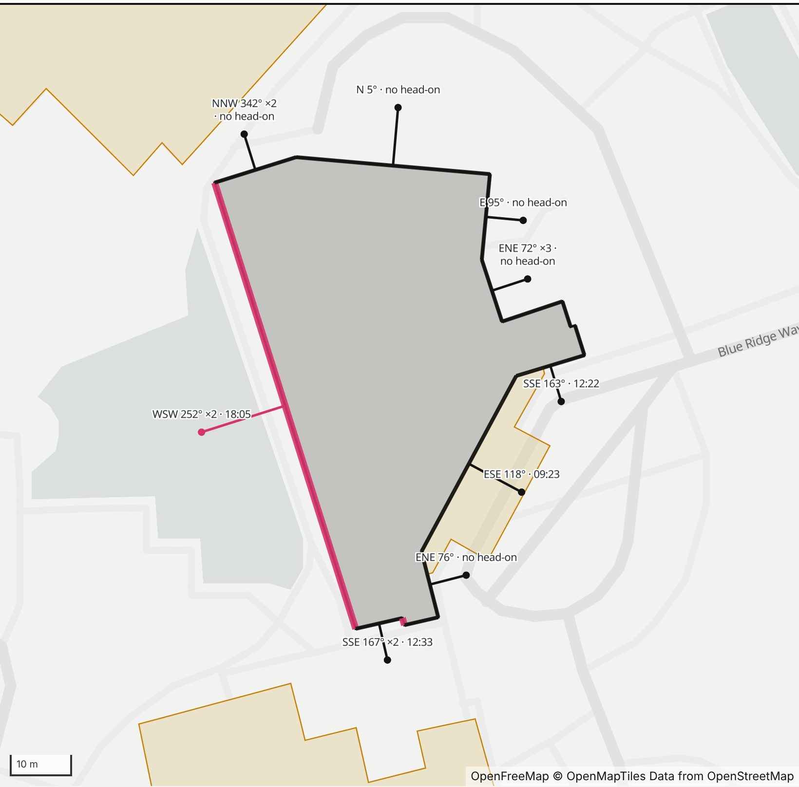 Map of the Schaefer Center for the Performing Arts in Henge Days, north up, with its long west-southwest wall highlighted in pink and every wall labeled with its bearing.