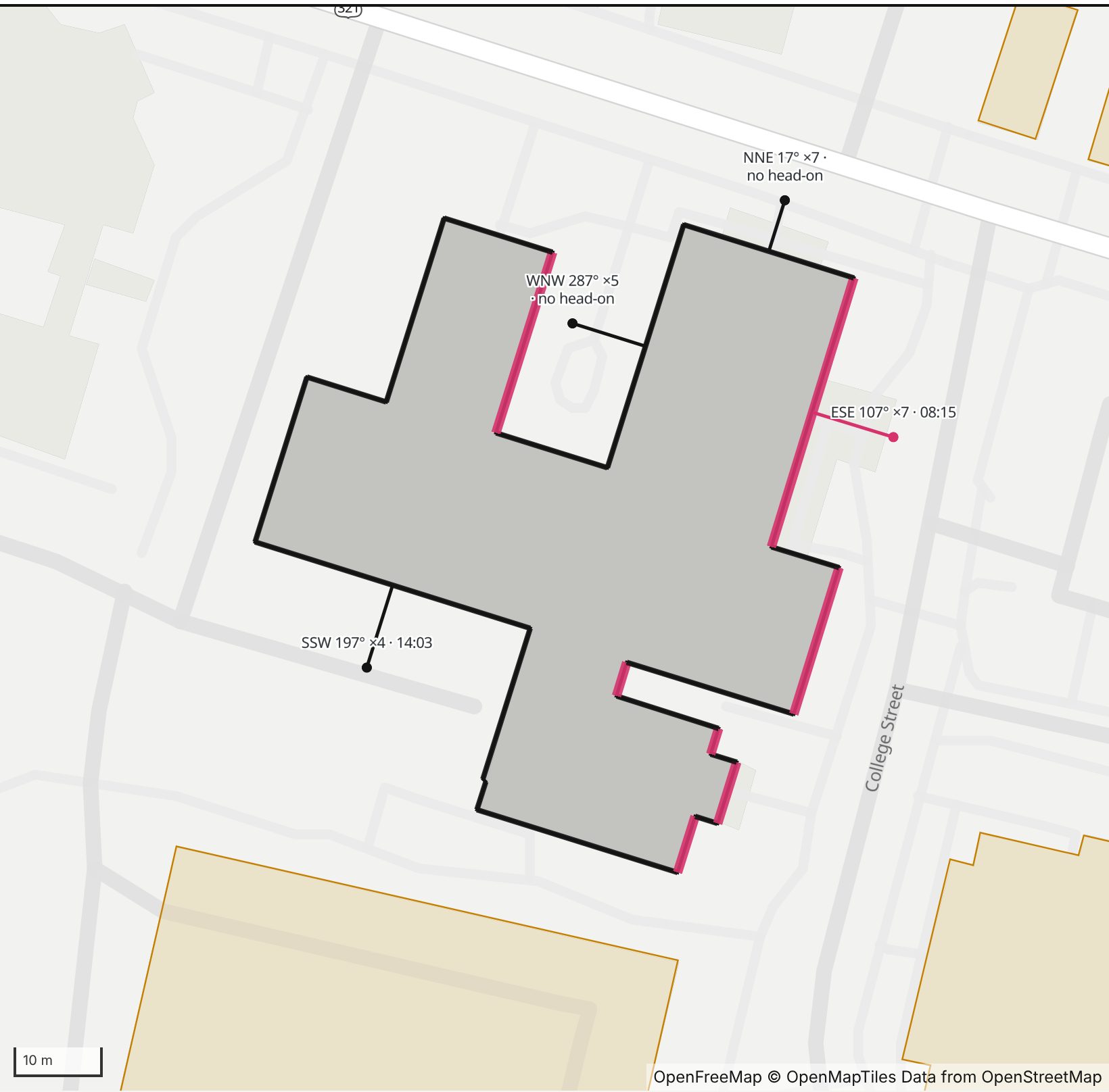 Map of First Baptist Church in Henge Days, with the east-southeast wall highlighted and every wall labeled with its bearing