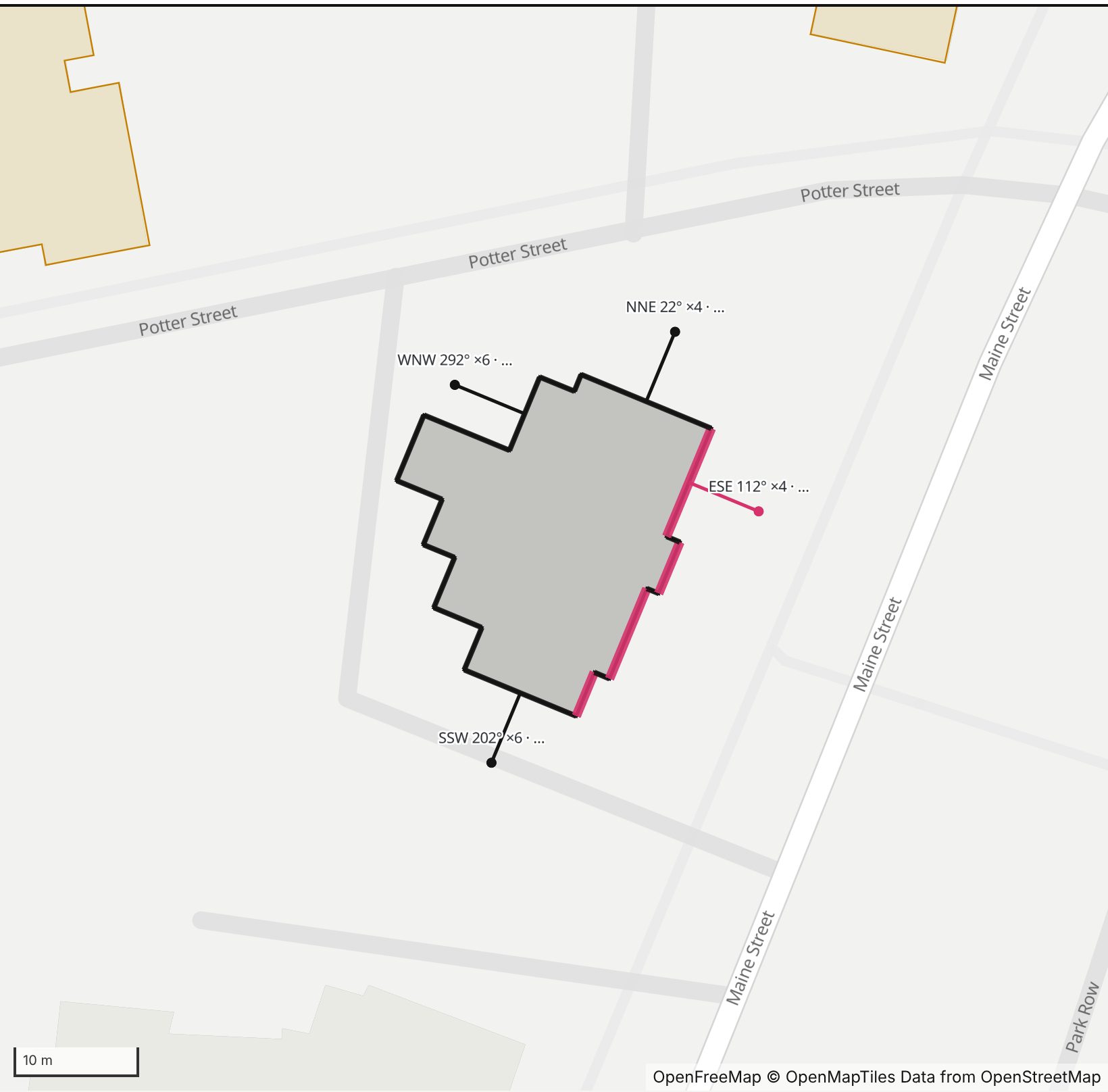 Map of Howell House on Maine Street in Henge Days, north up, with its east-southeast wall highlighted in pink and every wall labeled with its bearing.