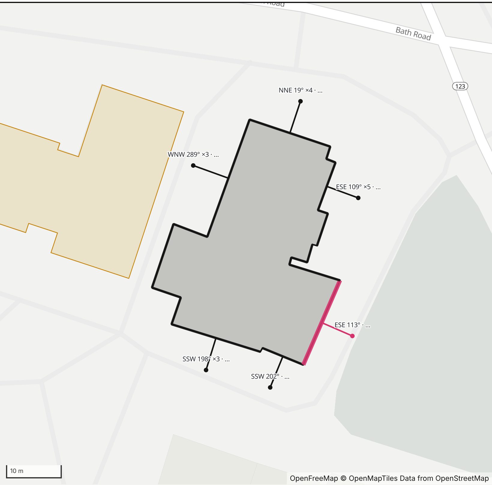 Map of Kanbar Hall in Henge Days, with the east-southeast wall highlighted and every wall labeled with its bearing