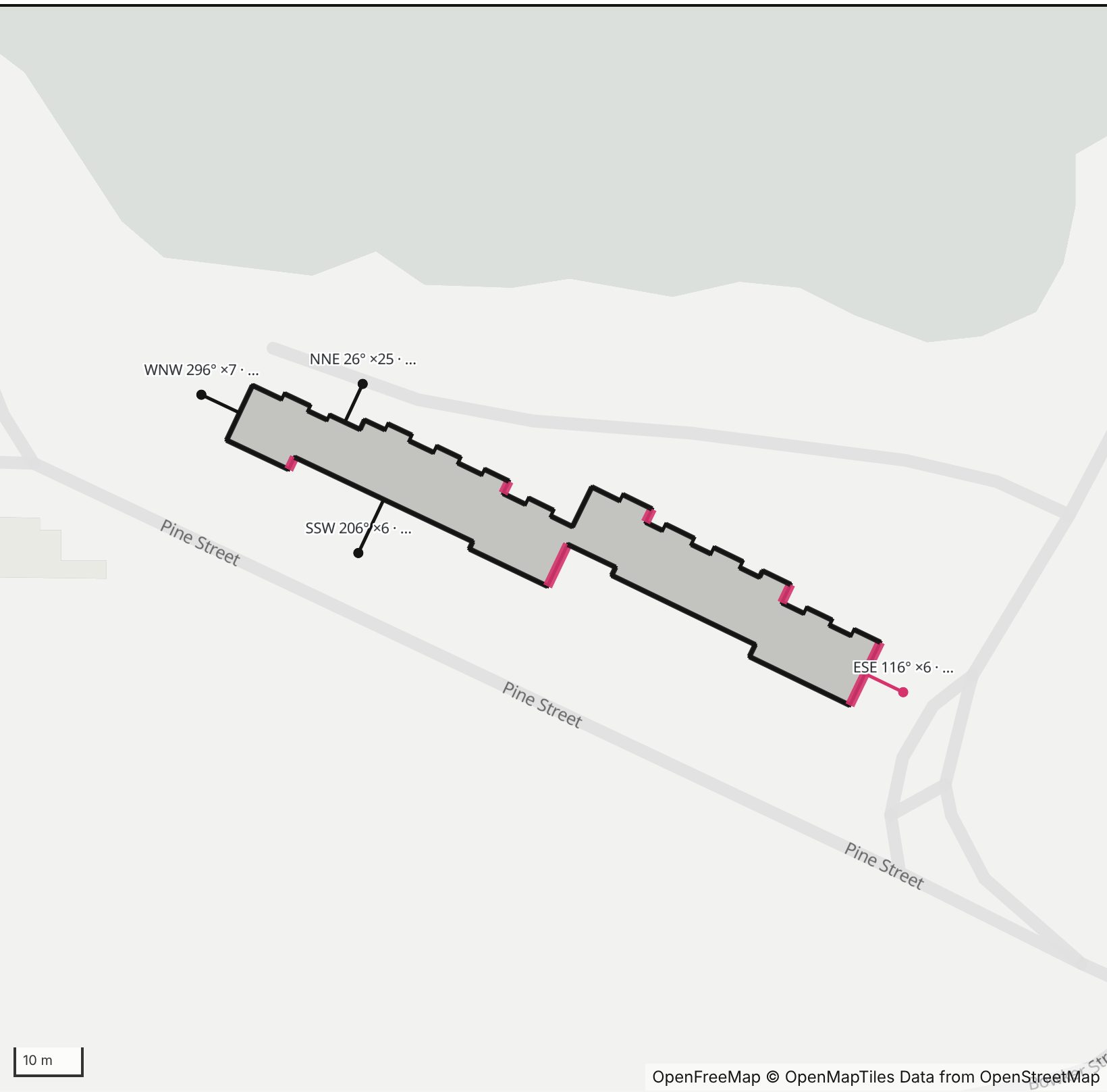 Map of Pine Street Apartments in Henge Days, with the east-southeast wall highlighted and every wall labeled with its bearing