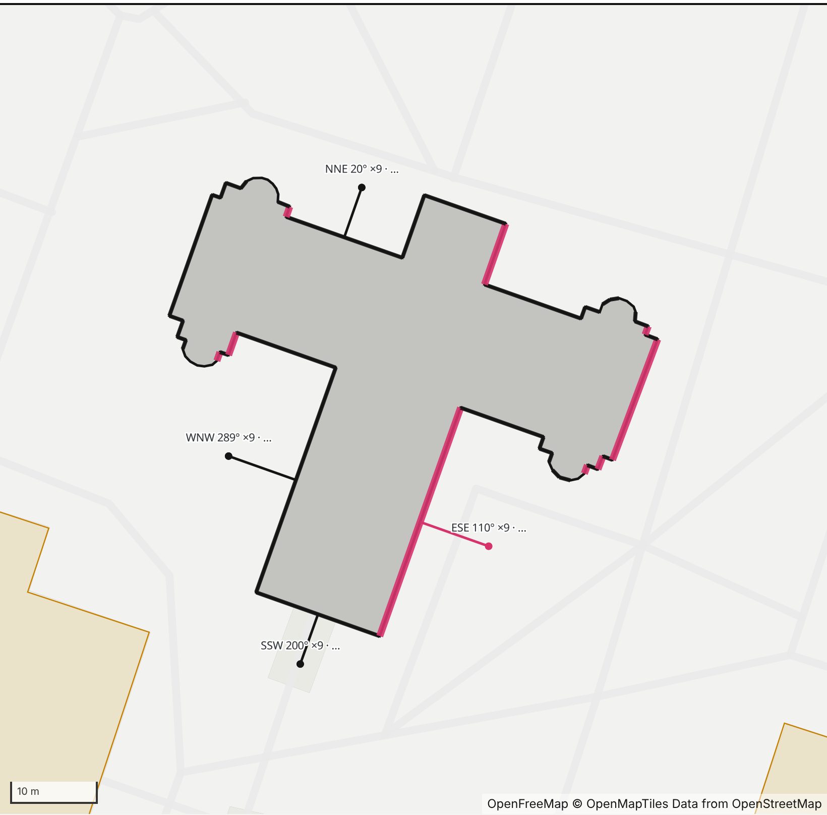 Map of Hubbard Hall in Henge Days, with the east-southeast wall highlighted and every wall labeled with its bearing