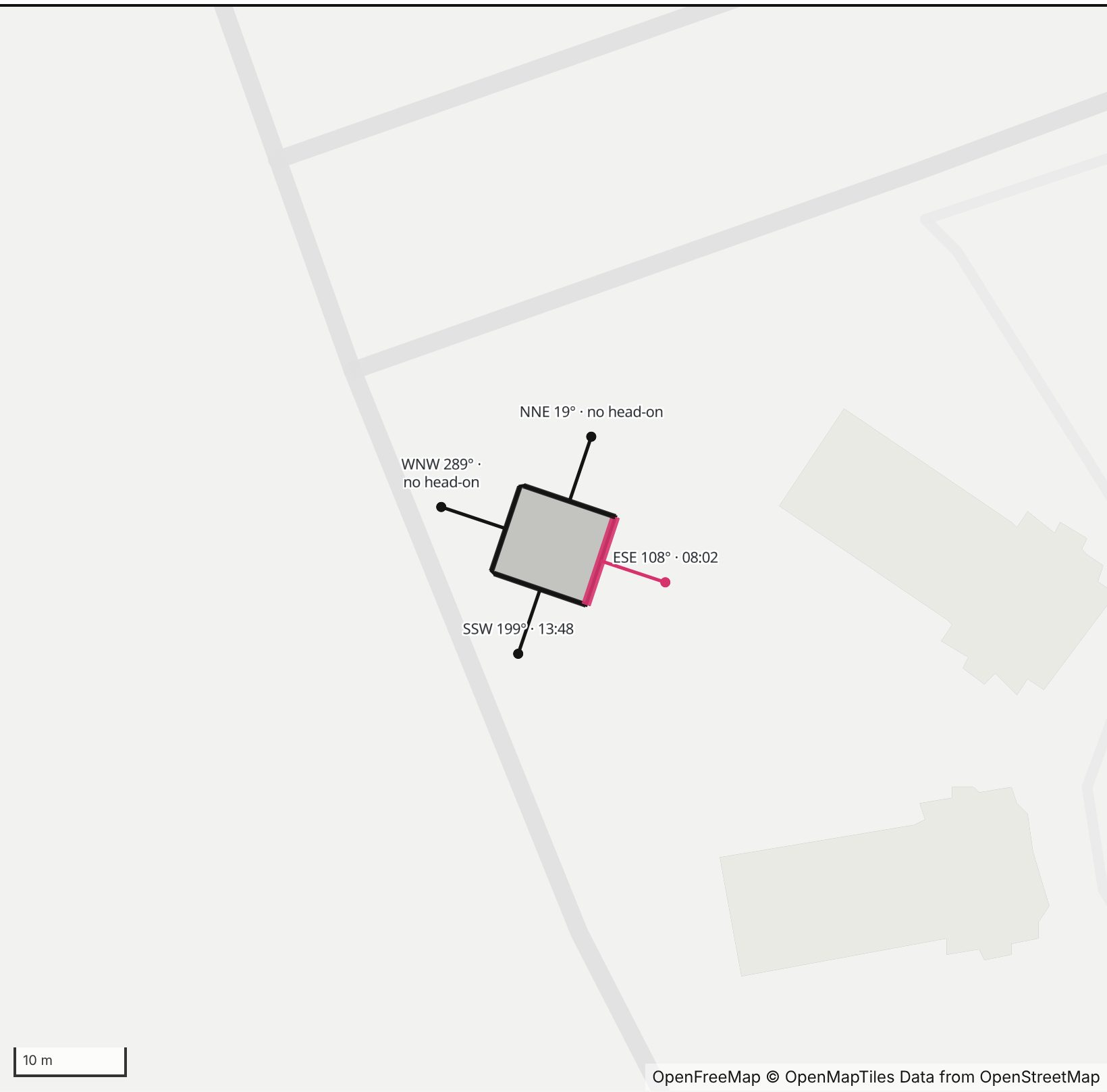 Map of Greek Support in the Greek Village at Christopher Newport University in Henge Days, with its east-southeast wall highlighted in pink and every wall labeled with its bearing.