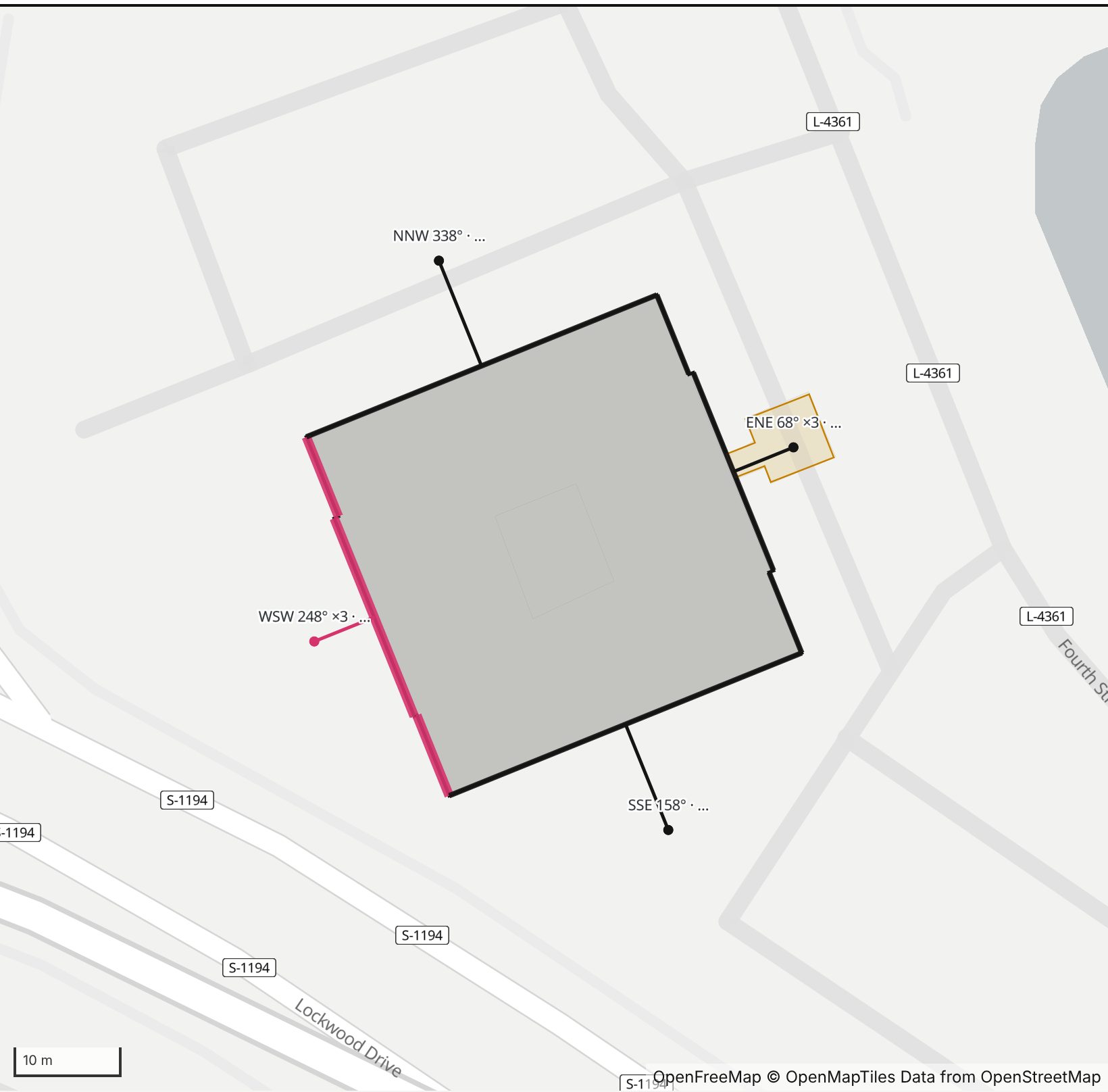 Map of Ashley House in Henge Days, with the west-southwest wall highlighted and every wall labeled with its bearing