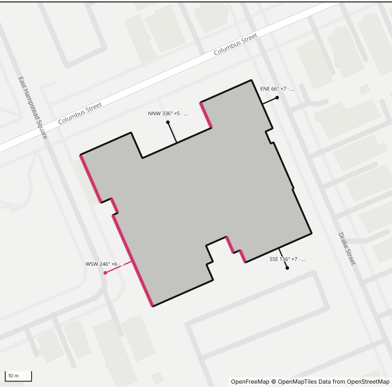 Map of the Wilmot J. Fraser building on Columbus Street in Henge Days, with its long west-southwest wall on East Hampstead Square highlighted in pink.