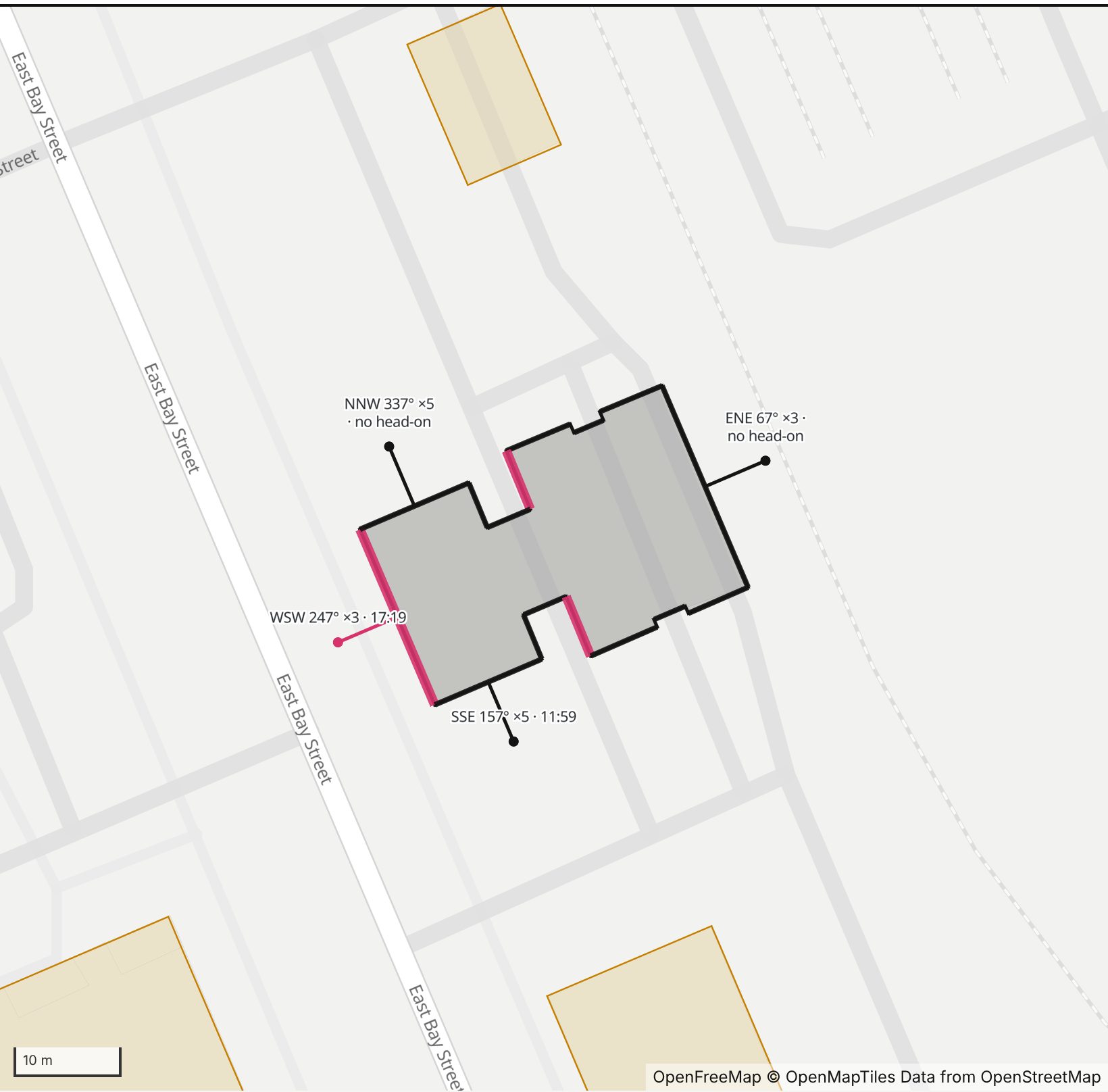 Map of Shop building at 588 East Bay Street in Henge Days, with the west-southwest wall highlighted and every wall labeled with its bearing