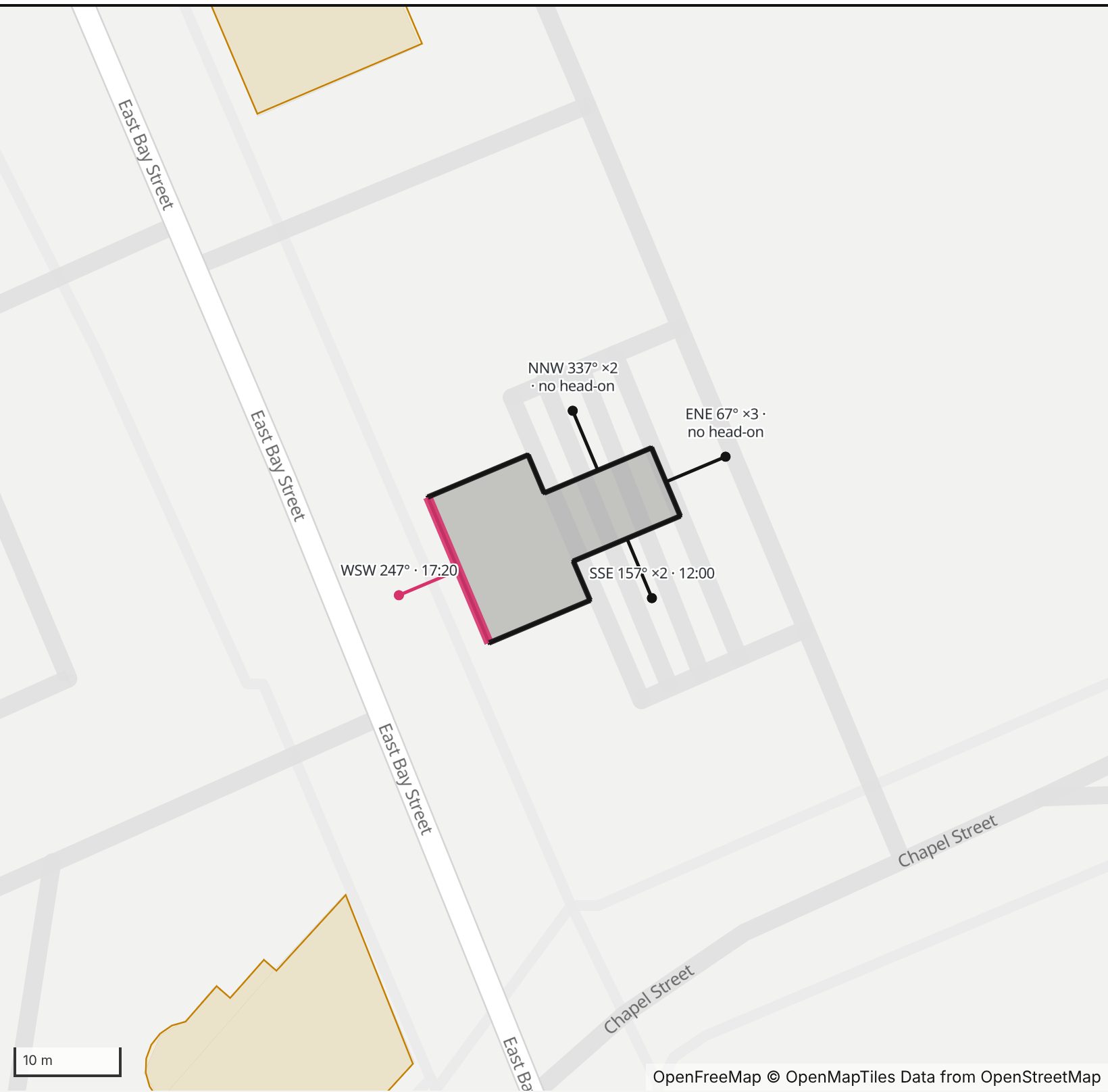 Map of TD Bank in Henge Days, with the west-southwest wall highlighted and every wall labeled with its bearing