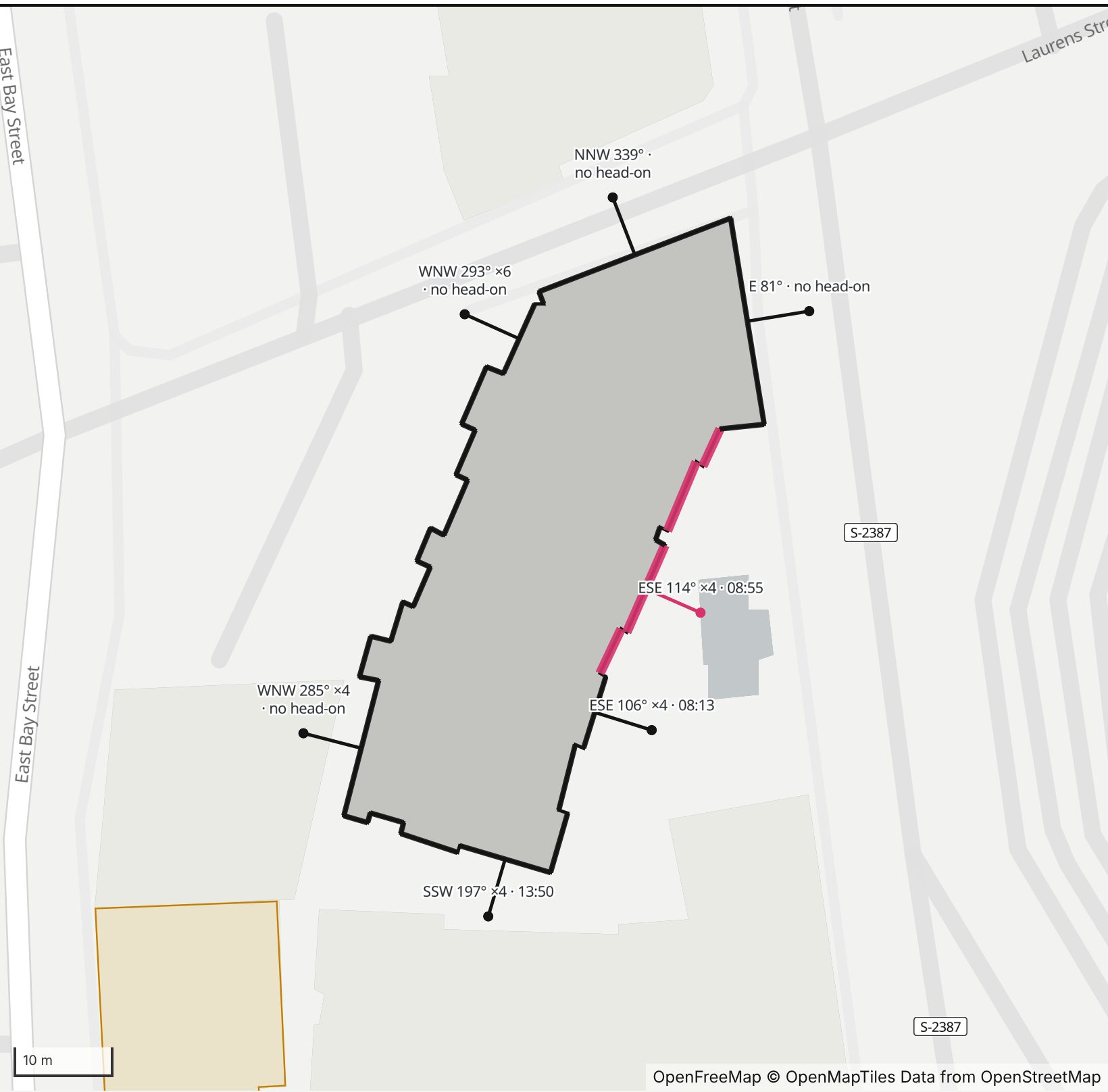 Map of Society at Laurens in Henge Days, with the east-southeast wall highlighted and every wall labeled with its bearing