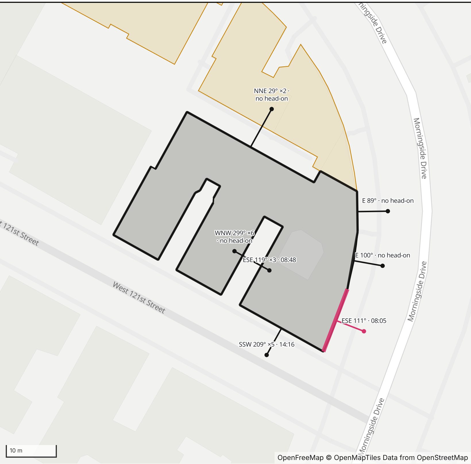 Map of Shelburne Hall at 110 Morningside Drive in Henge Days, with its east-southeast corner wall on Morningside Drive highlighted in pink and every wall labeled with its bearing.