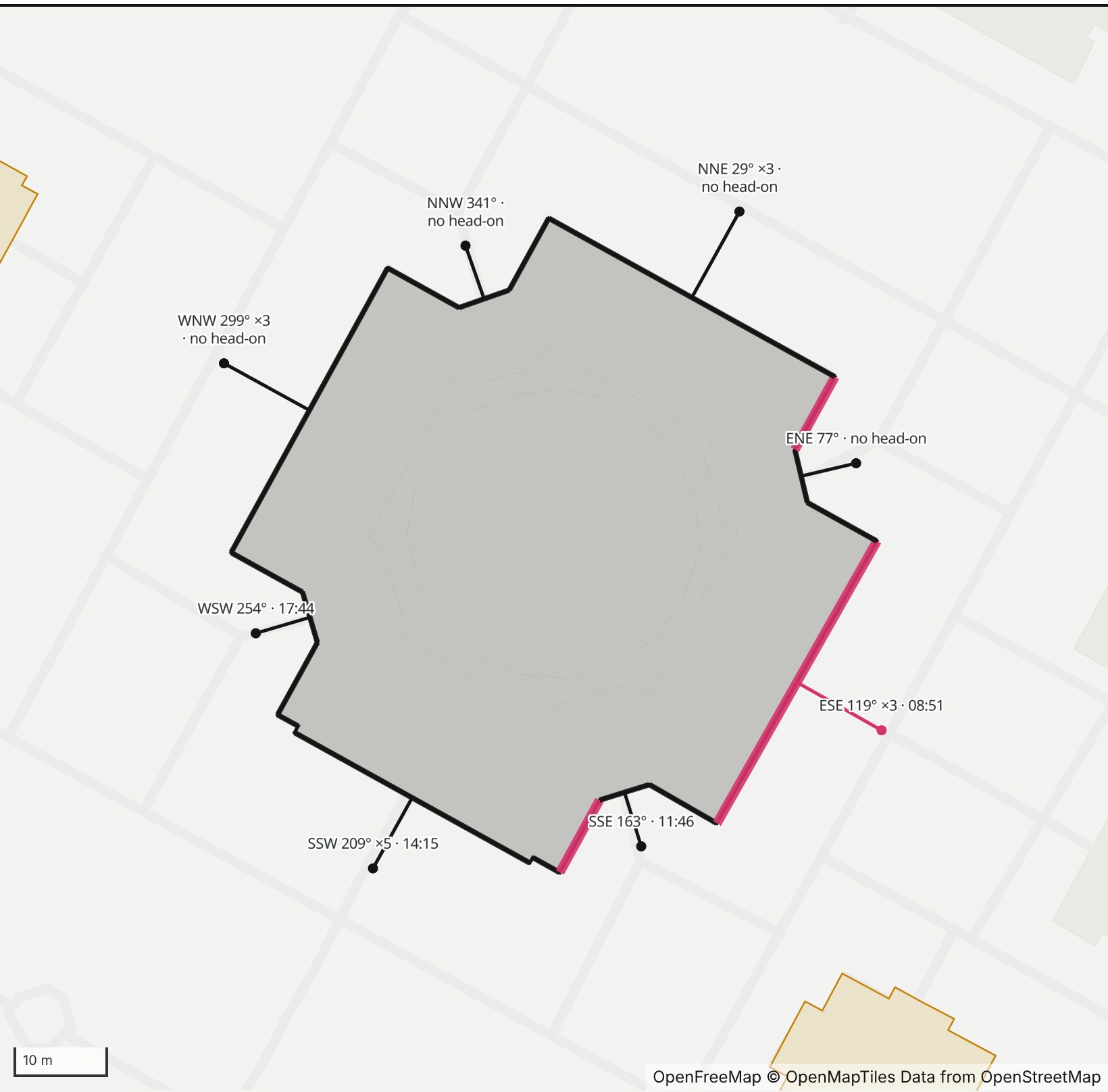 Map of Low Memorial Library in Henge Days, with its east-southeast wall highlighted in pink and every wall labeled with its bearing.