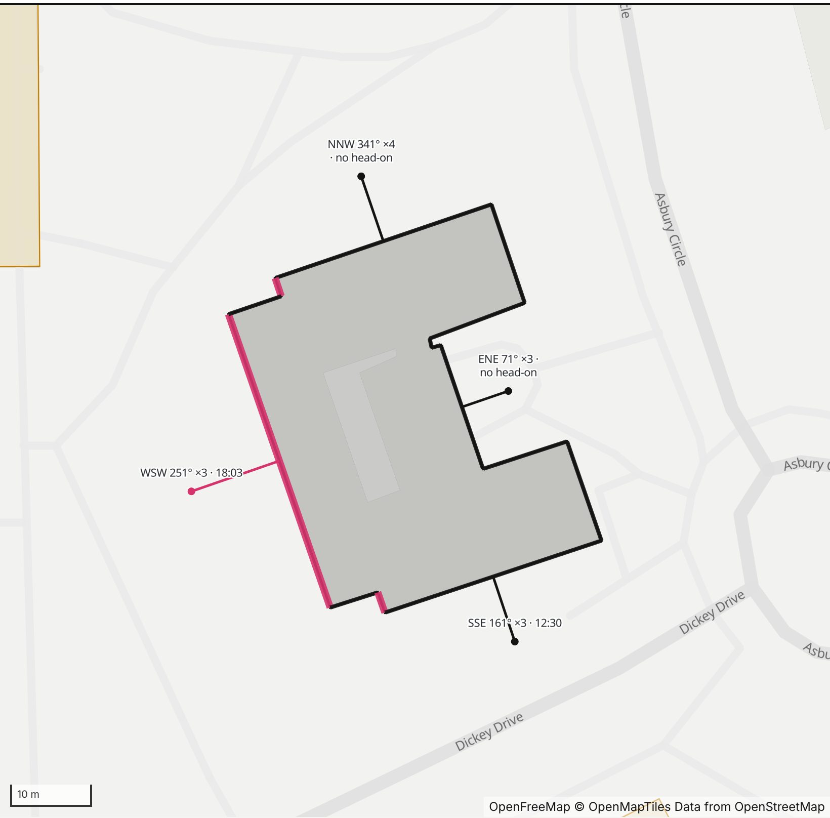 Map of Dobbs Hall in Henge Days, north up, with its long west-southwest wall highlighted in pink and every wall labeled with its bearing.