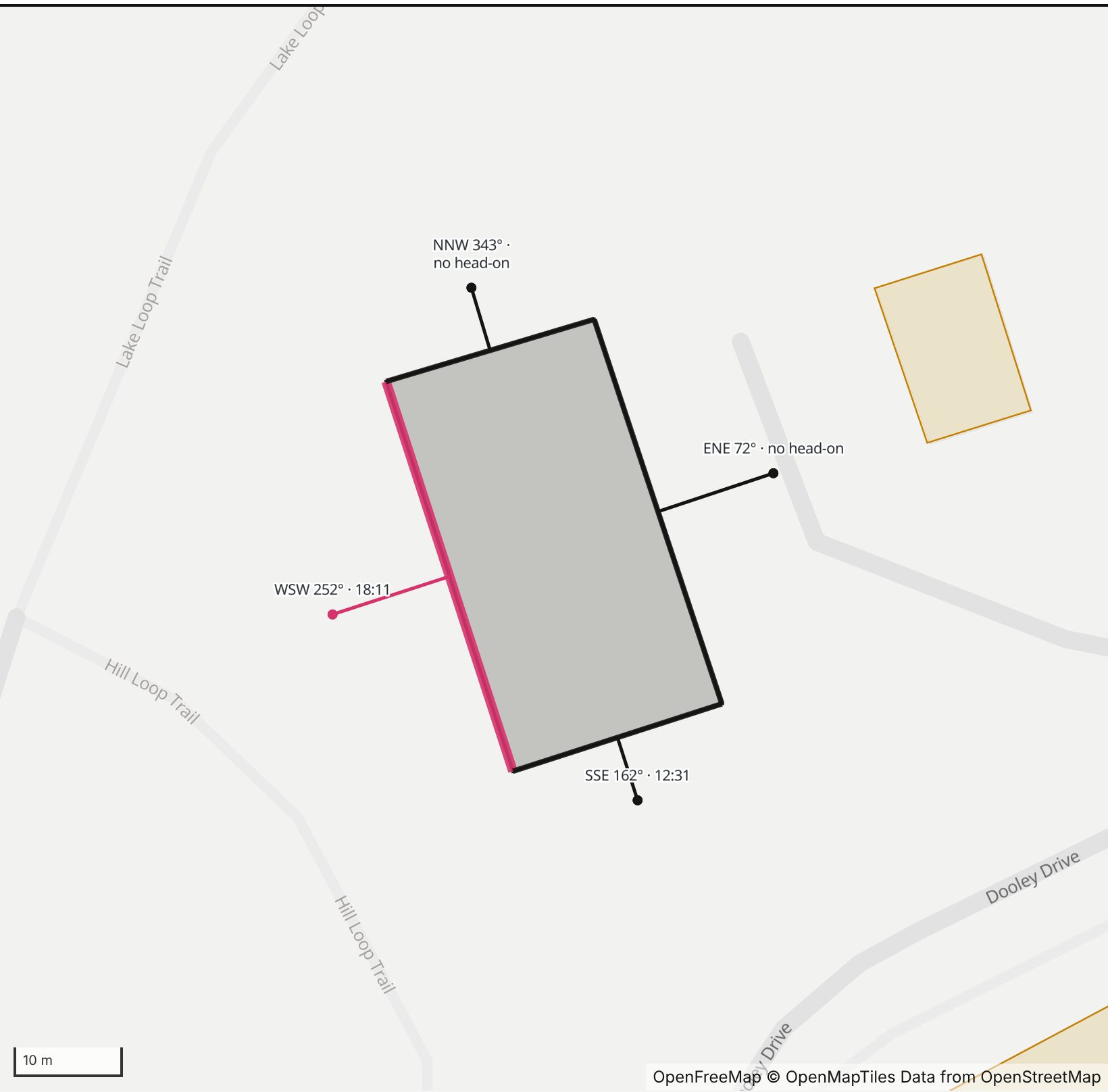 Map of Residential Services Building in Henge Days, with the west-southwest wall highlighted and every wall labeled with its bearing