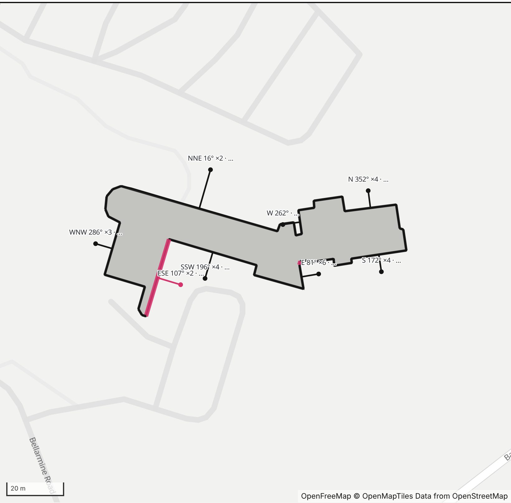Map of Faber Hall in Henge Days, with the east-southeast wall highlighted and every wall labeled with its bearing