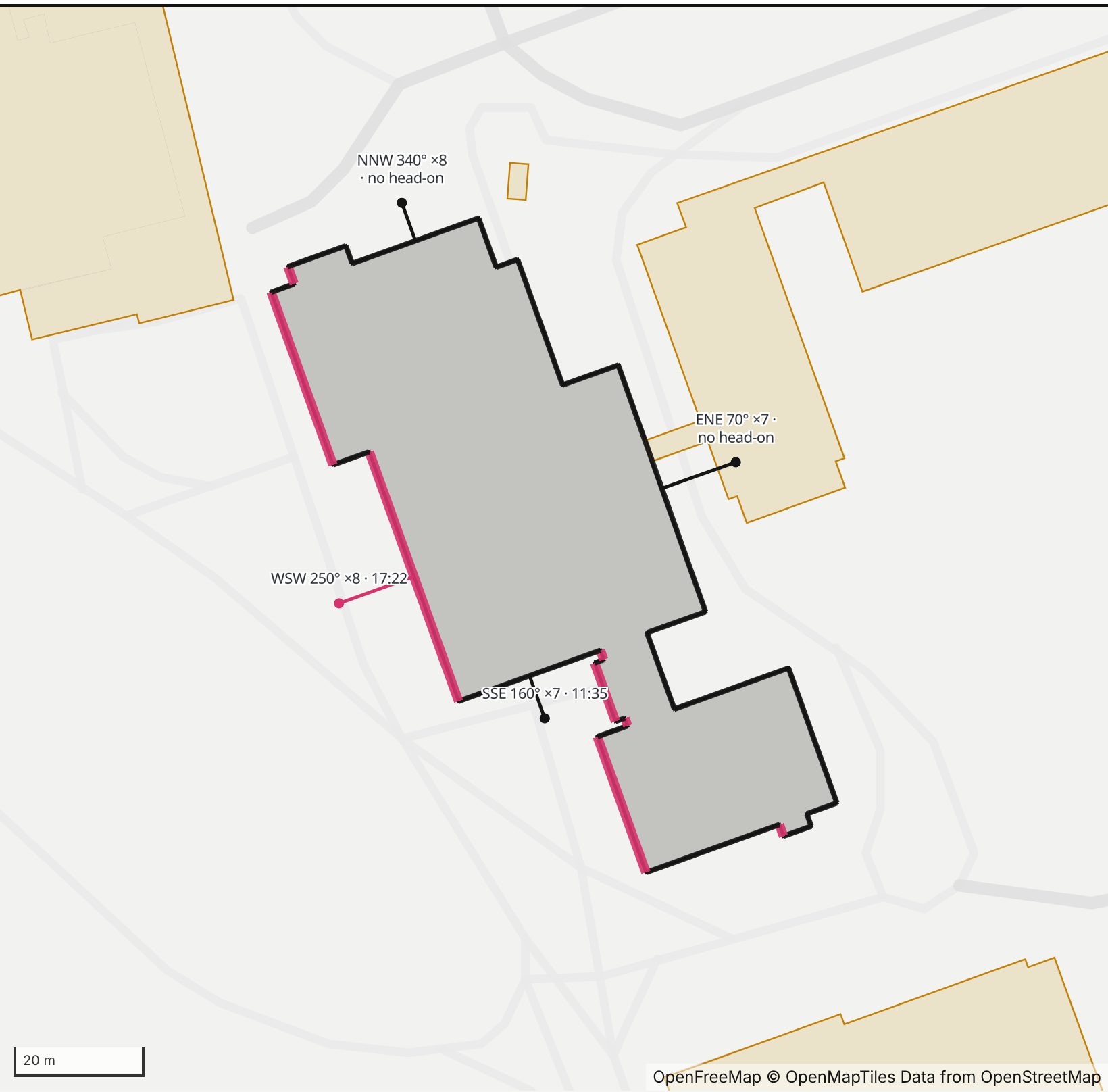 Map of Rudolph F. Bannow Science Center in Henge Days, with the west-southwest wall highlighted and every wall labeled with its bearing