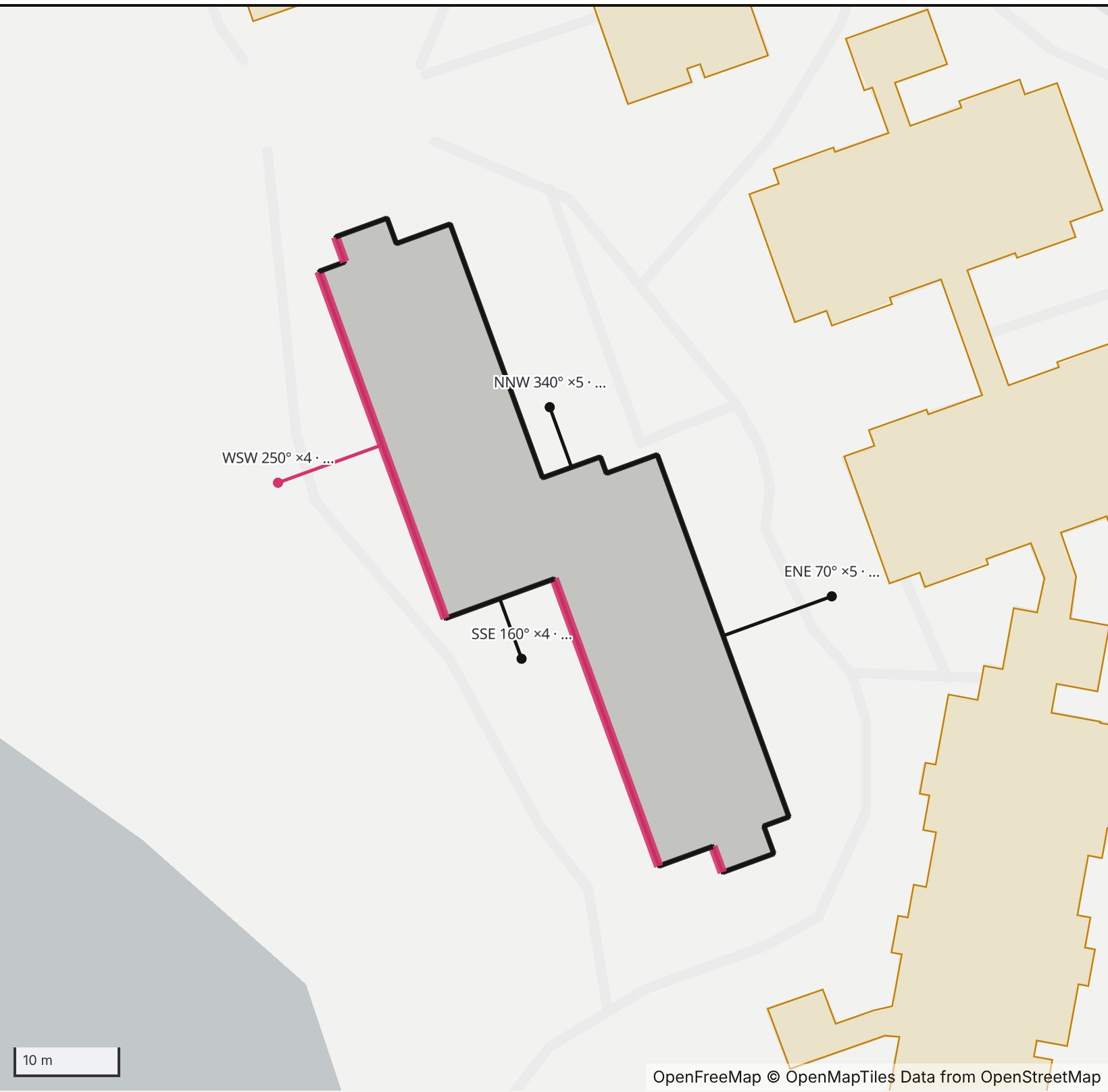 Map of Claver Hall in Henge Days, with the west-southwest wall highlighted and every wall labeled with its bearing
