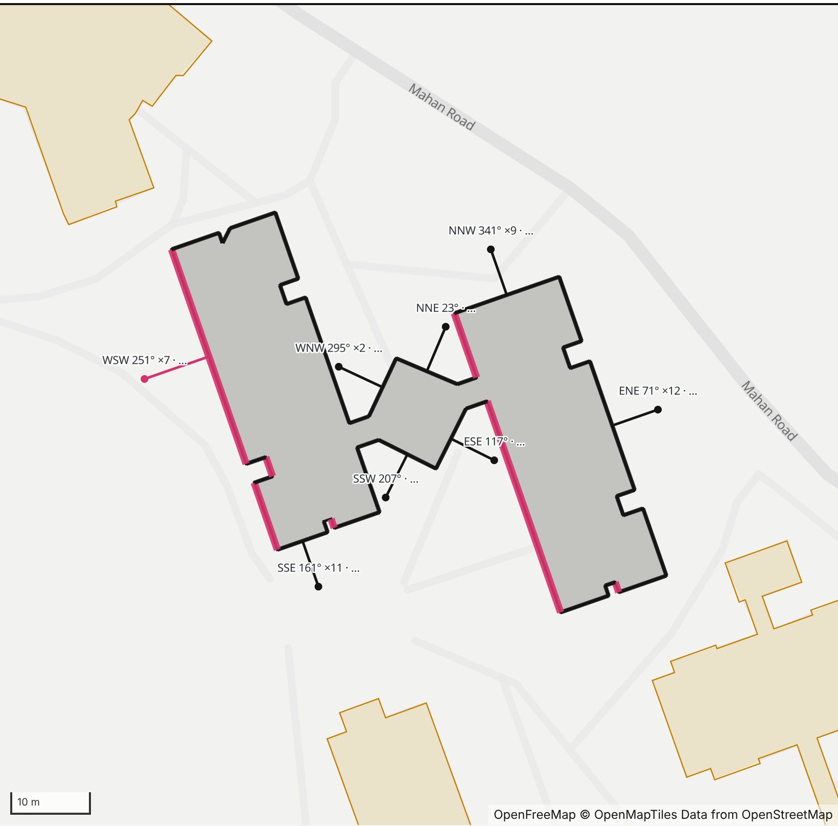 Map of Kostka Hall in Henge Days, with the west-southwest wall highlighted and every wall labeled with its bearing