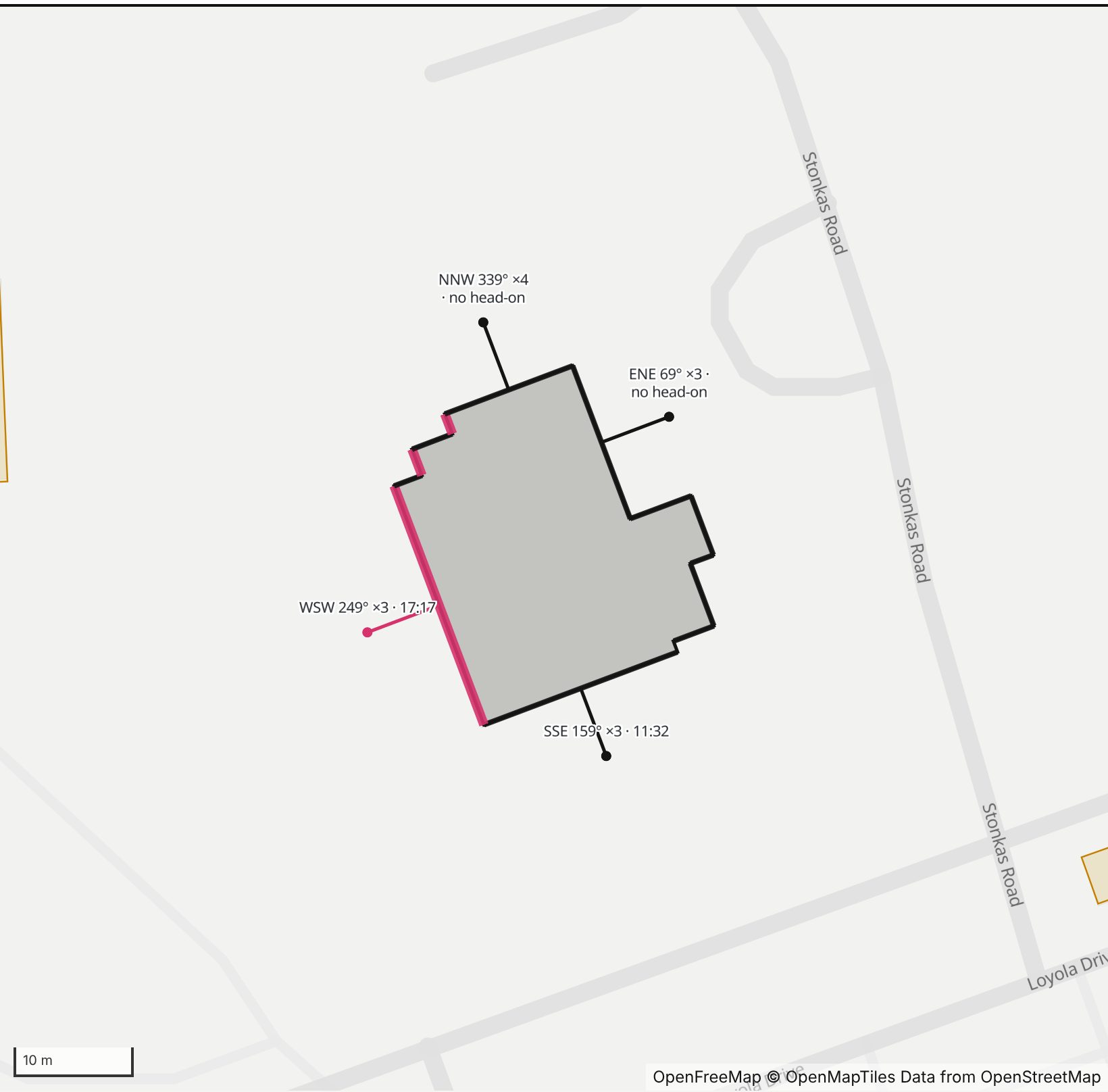 Map of Alumni House in Henge Days, with the west-southwest wall highlighted and every wall labeled with its bearing