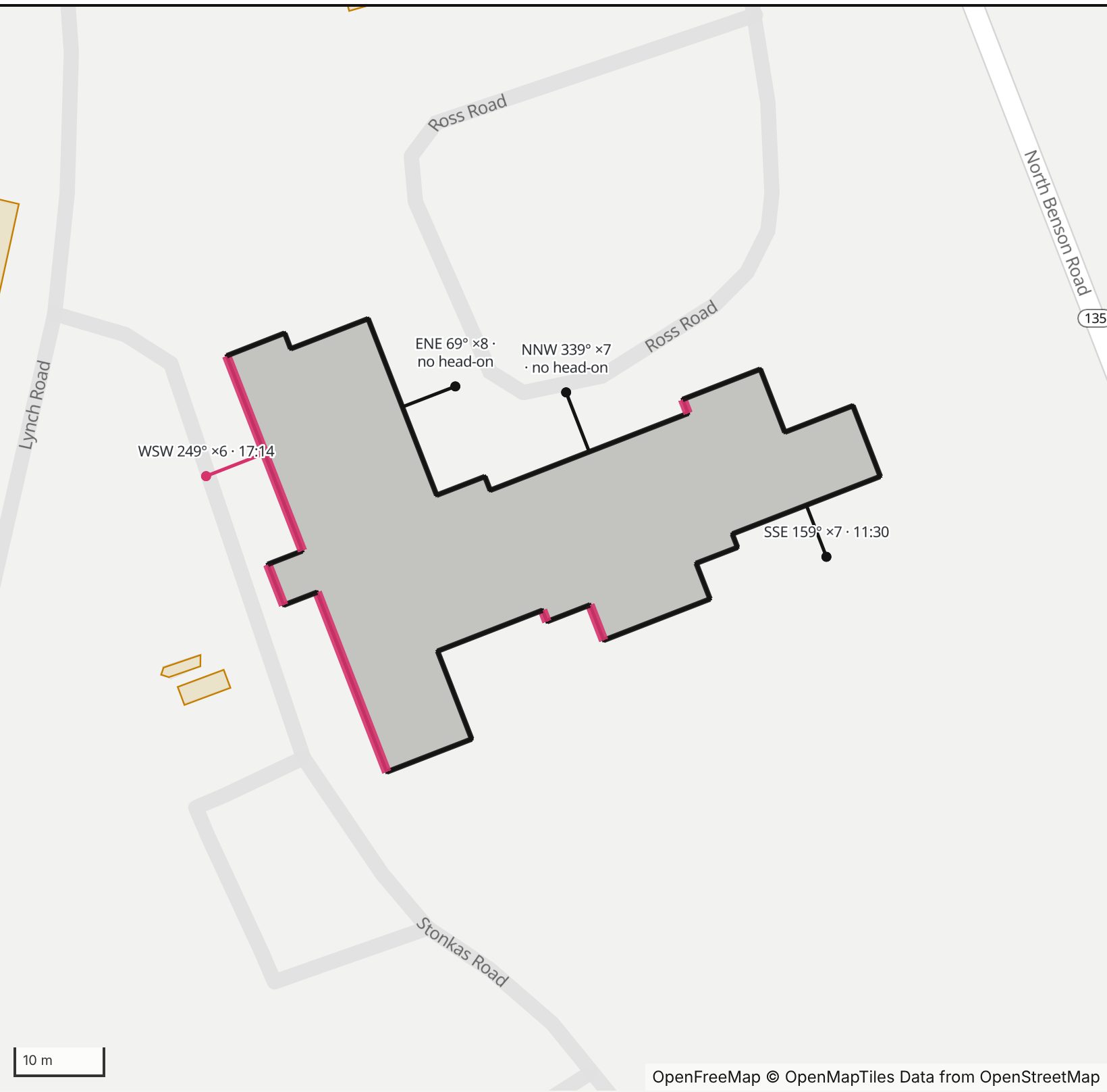 Map of McAuliffe Hall in Henge Days, with the west-southwest wall highlighted and every wall labeled with its bearing