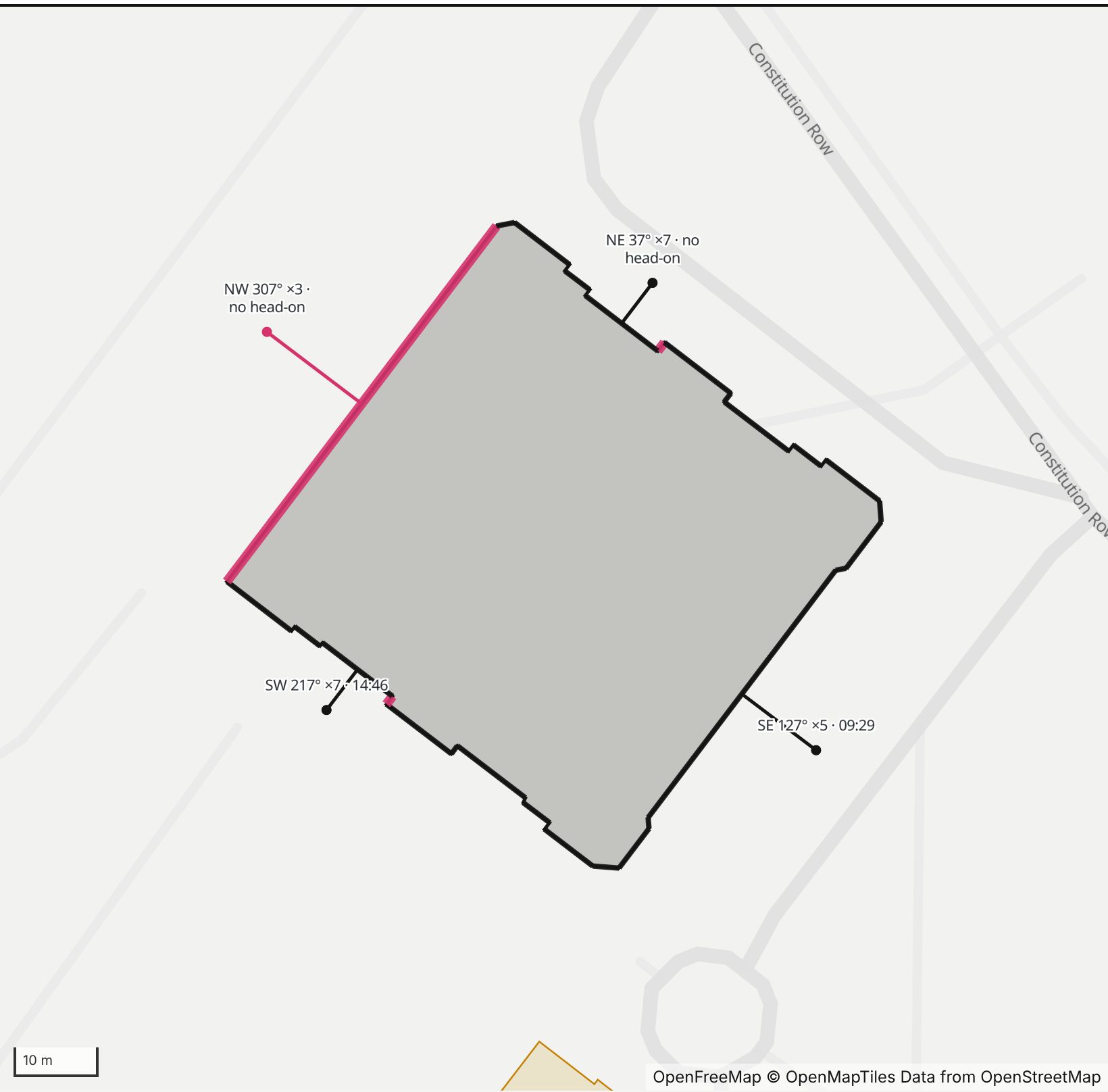 Map of Keating Hall in Henge Days, north up, with its northwest front highlighted in pink and every wall labeled with its bearing.