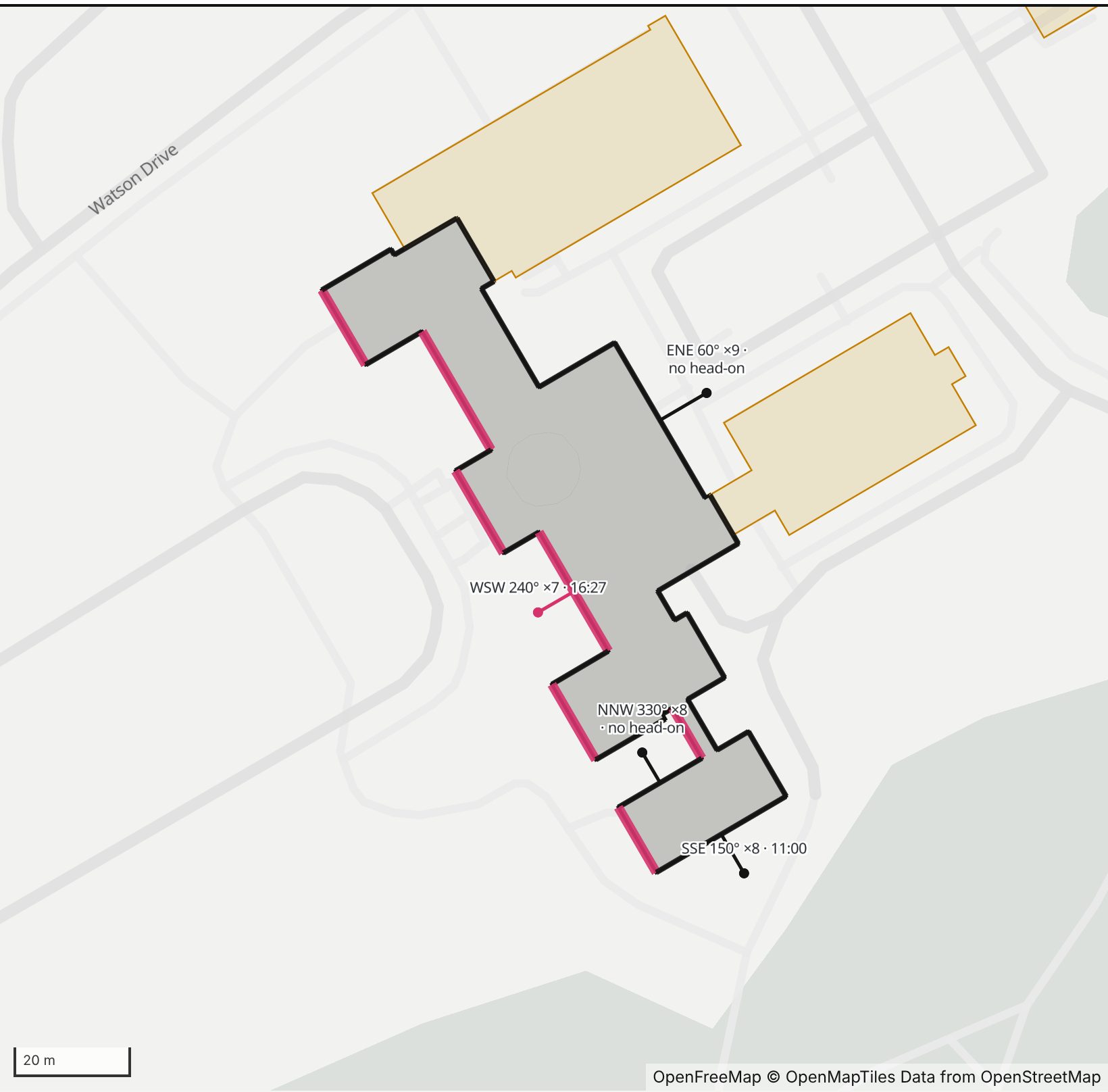 Map of the LuEsther T. Mertz Library at the New York Botanical Garden in Henge Days, north up, with the sections of its west-southwest front highlighted in pink and every wall labeled with its bearing.