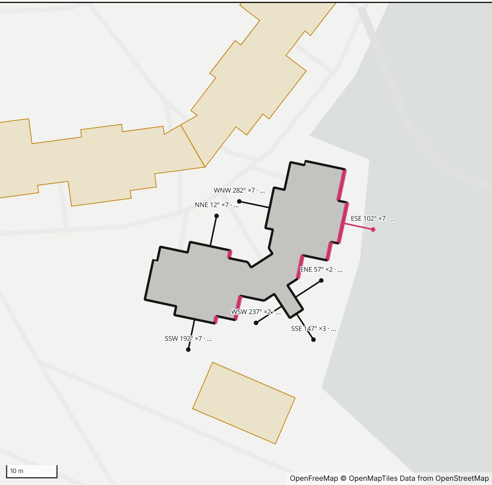 Map of Lincoln Hall in Henge Days, with the east-southeast wall highlighted and every wall labeled with its bearing