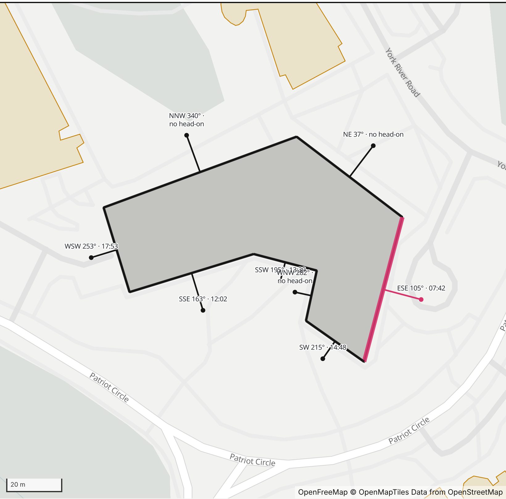 Map of Nguyen Engineering Building in Henge Days, with the east-southeast wall highlighted and every wall labeled with its bearing