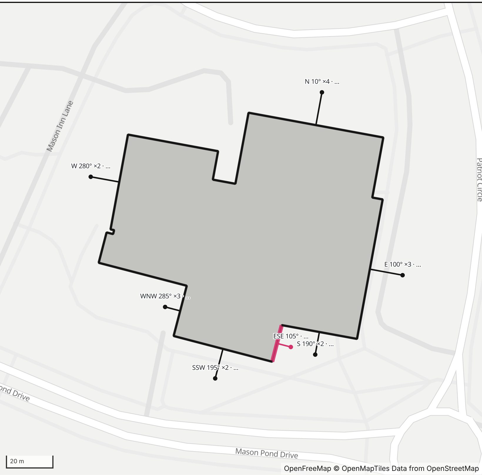 Map of Recreation and Athletic Complex in Henge Days, with the east-southeast wall highlighted and every wall labeled with its bearing