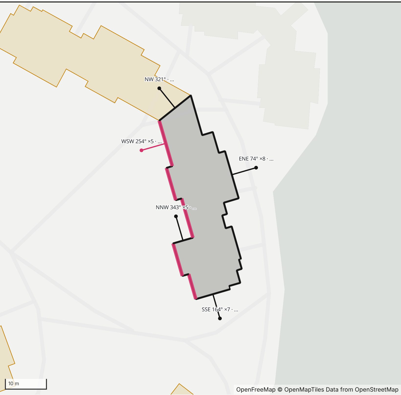 Map of Kennedy Hall in Henge Days, with the west-southwest wall highlighted and every wall labeled with its bearing