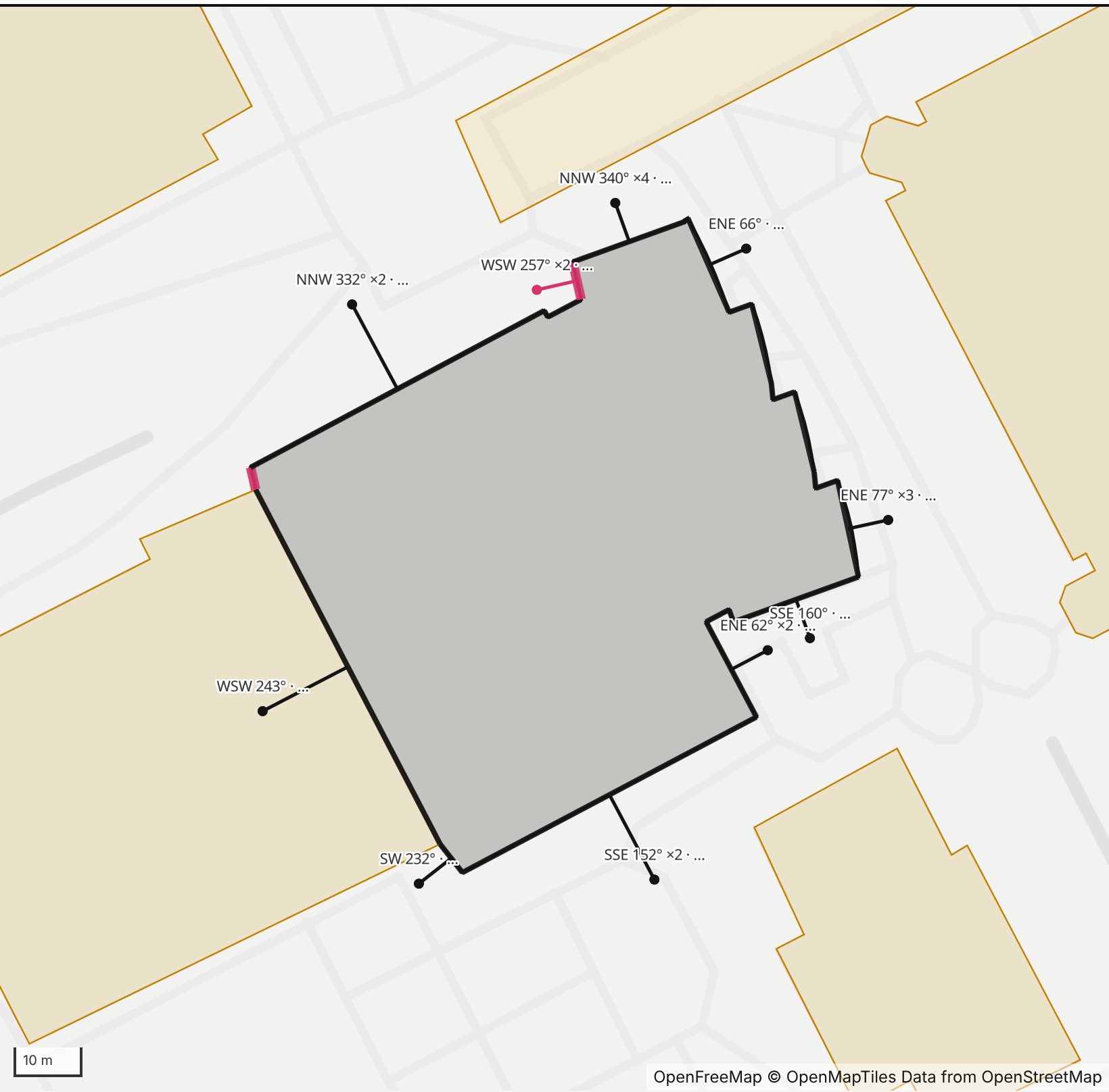 Map of de Laski Performing Arts Building in Henge Days, with the west-southwest wall highlighted and every wall labeled with its bearing