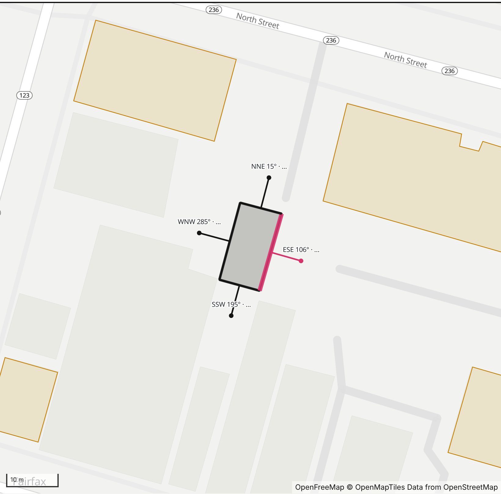 Map of Woody's Ice Cream in Henge Days, with the east-southeast wall highlighted and every wall labeled with its bearing