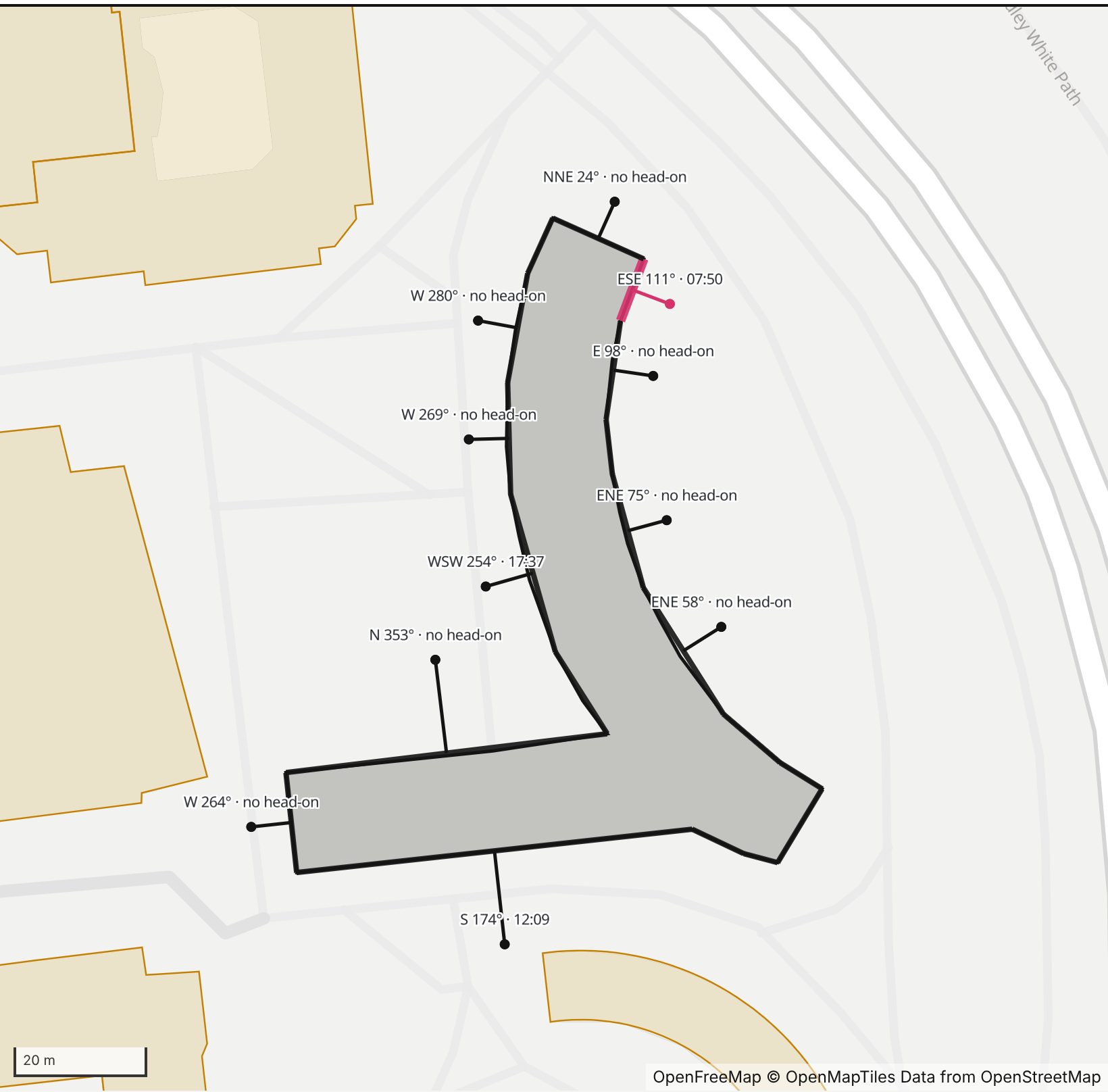 Map of Tata Hall at Harvard Business School in Henge Days, with the short east-southeast wall at its north end highlighted in pink and every wall labeled with its bearing.
