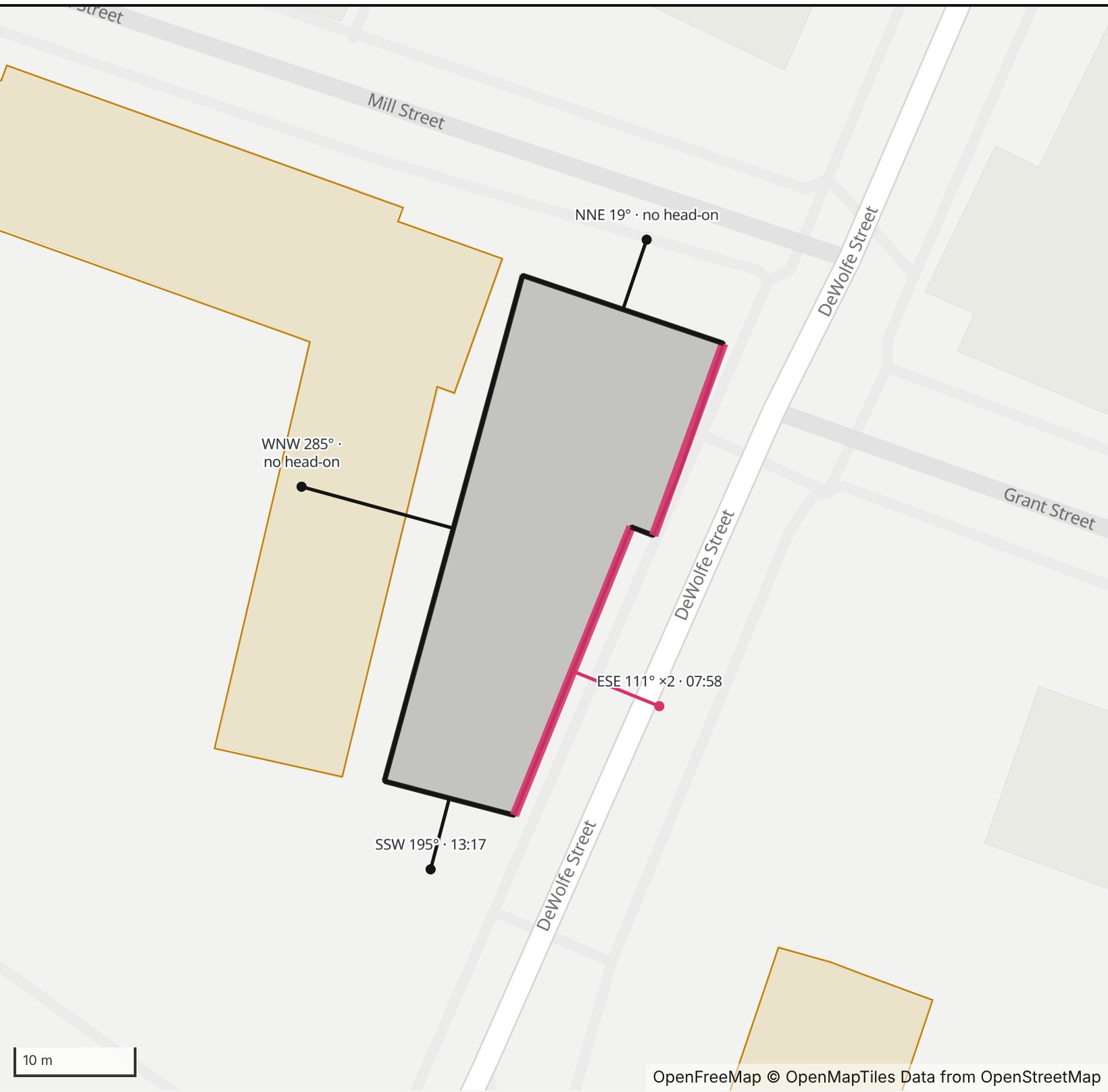 Map of Leverett House in Henge Days, with the east-southeast wall highlighted and every wall labeled with its bearing