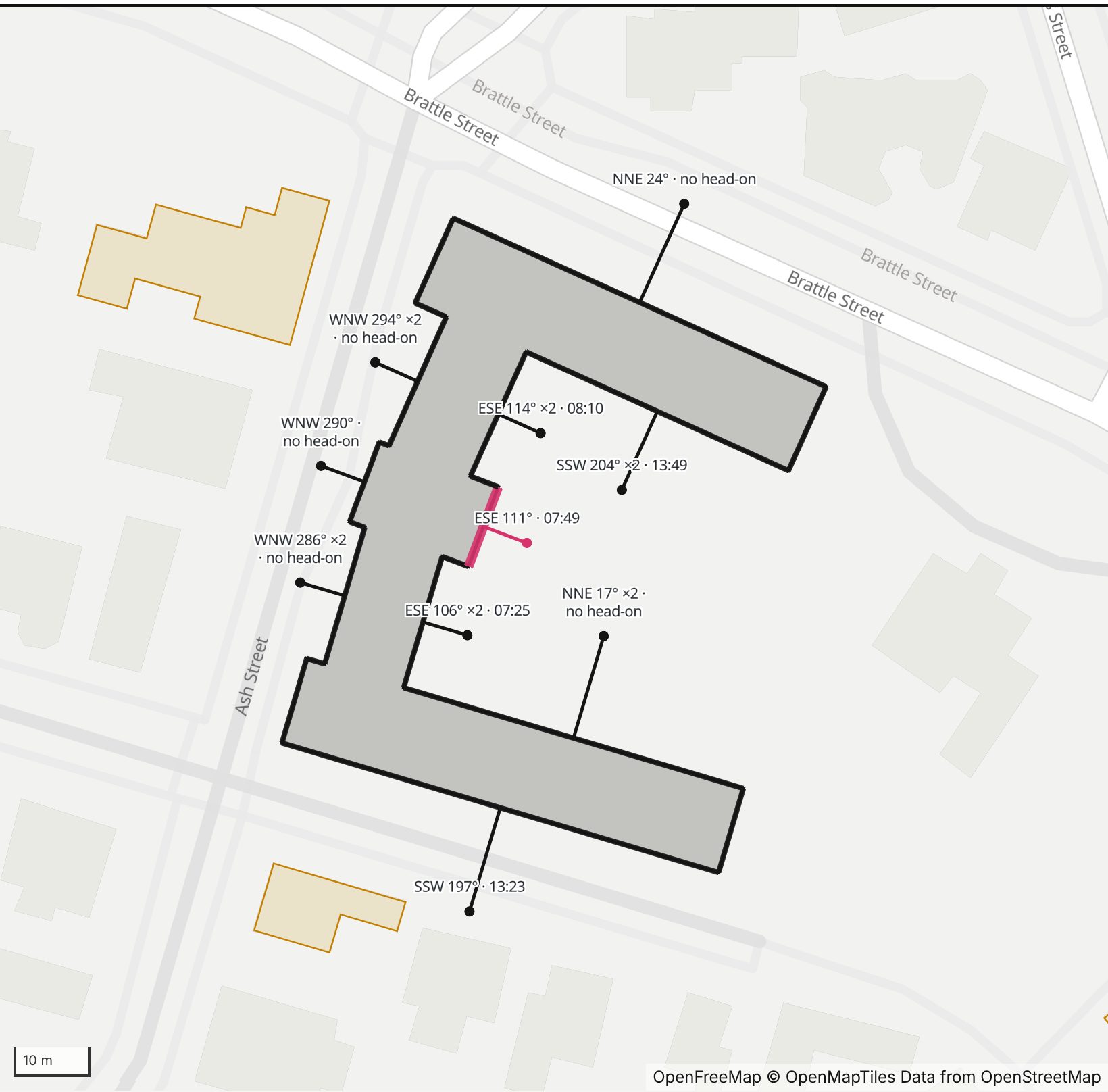 Map of Cronkhite Center in Henge Days, with the east-southeast wall highlighted and every wall labeled with its bearing