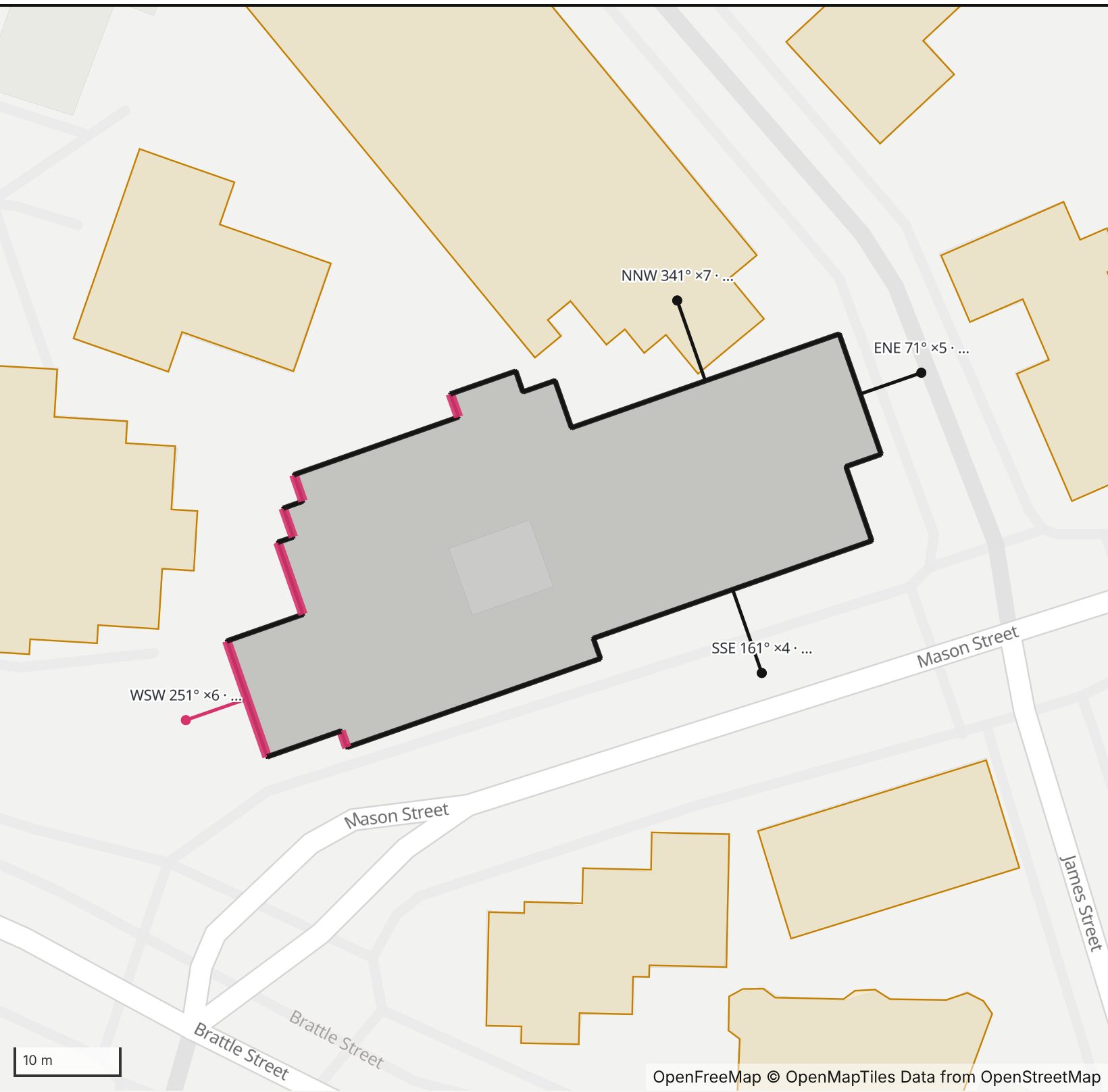 Map of Sherrill Library in Henge Days, with the west-southwest wall highlighted and every wall labeled with its bearing