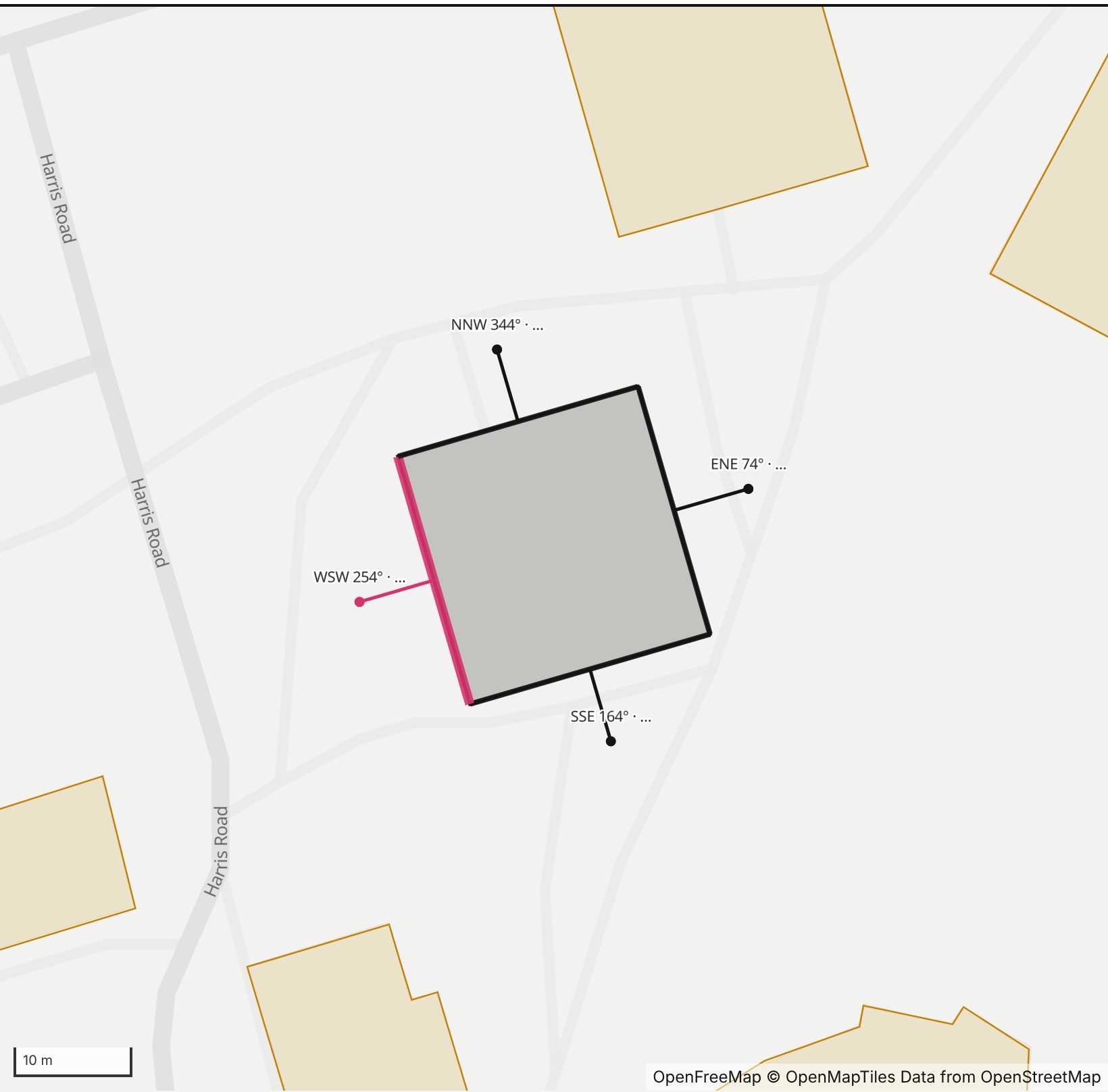 Map of Jones Hall at Haverford College in Henge Days, with its west-southwest side highlighted in pink and every wall labeled with its bearing.