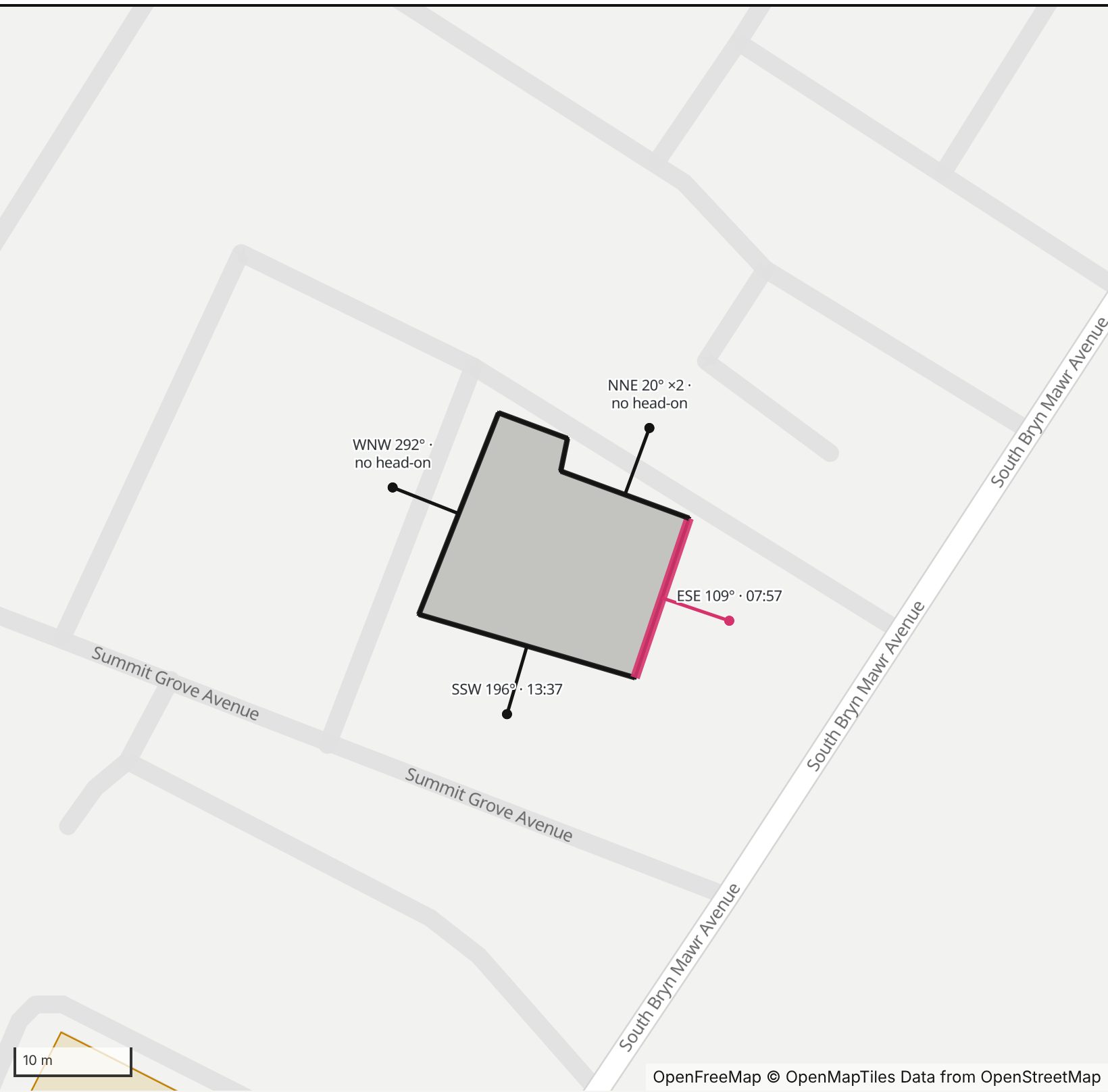 Map of PNC Bank in Henge Days, with the east-southeast wall highlighted and every wall labeled with its bearing