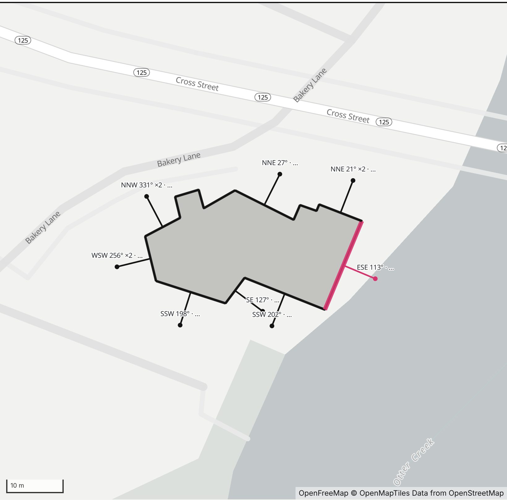 Map of Mister Up's Restaurant & Pub in Henge Days, with the east-southeast wall highlighted and every wall labeled with its bearing