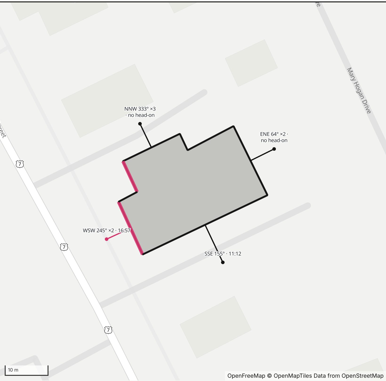 Map of the Addison County Sheriff's Department on Court Street in Henge Days, north up, with its west-southwest wall highlighted in pink and every wall labeled with its bearing.