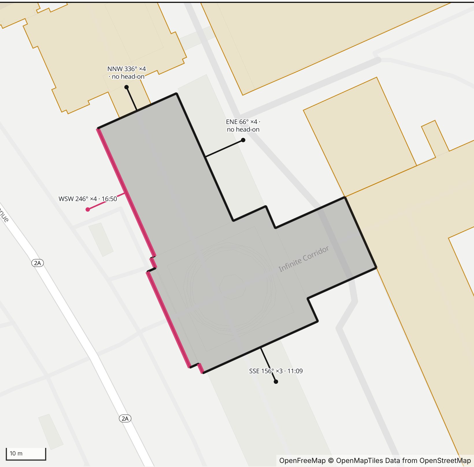 Map of Building 7, the Rogers Building at 77 Massachusetts Avenue, in Henge Days, with its west-southwest front on Massachusetts Avenue highlighted in pink and every wall labeled with its bearing.