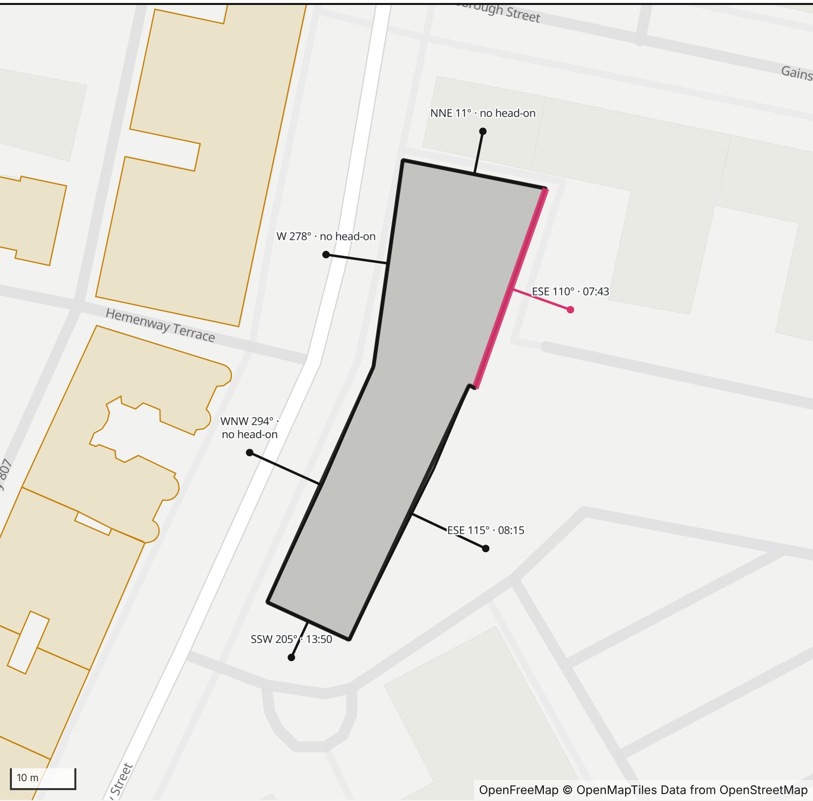 Map of 142-148 Hemenway Street in Henge Days, with the east-southeast wall highlighted and every wall labeled with its bearing