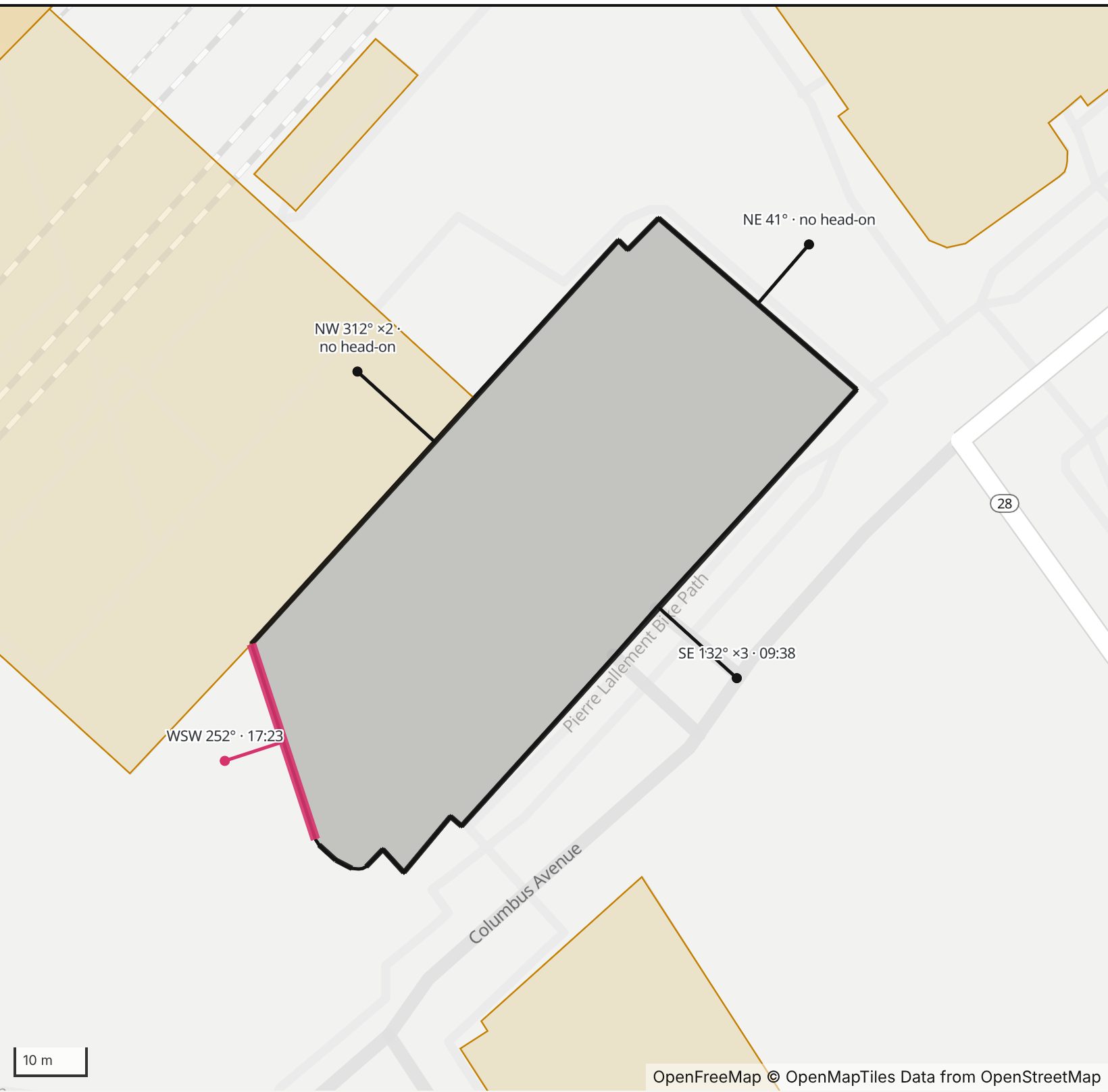 Map of Renaissance Park Garage in Henge Days, with the west-southwest wall highlighted and every wall labeled with its bearing