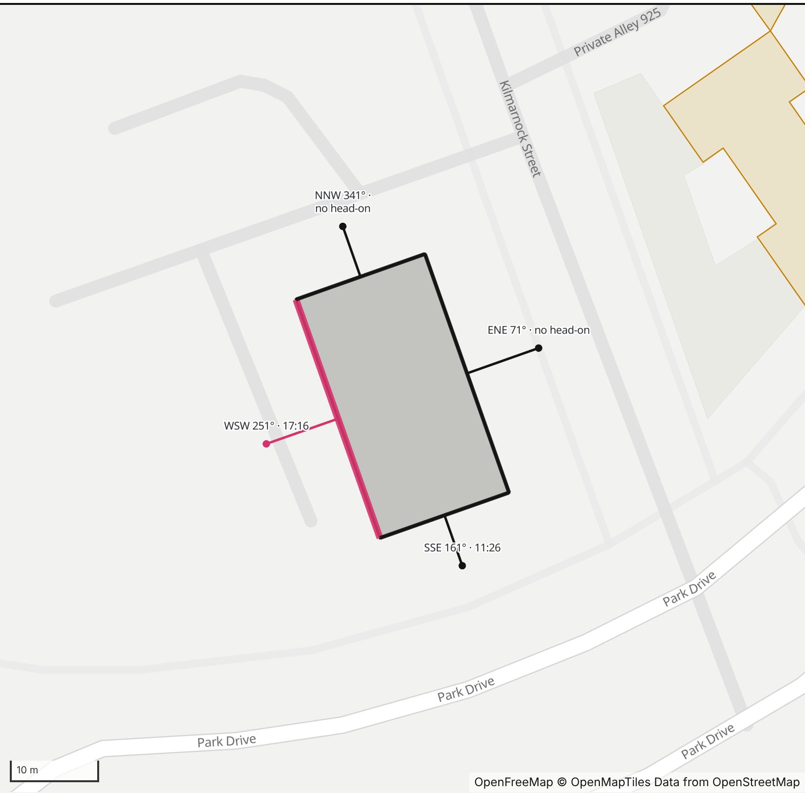 Map of Holy Trinity Orthodox Cathedral on Park Drive in Henge Days, with its west-southwest wall highlighted in pink and every wall labeled with its bearing.