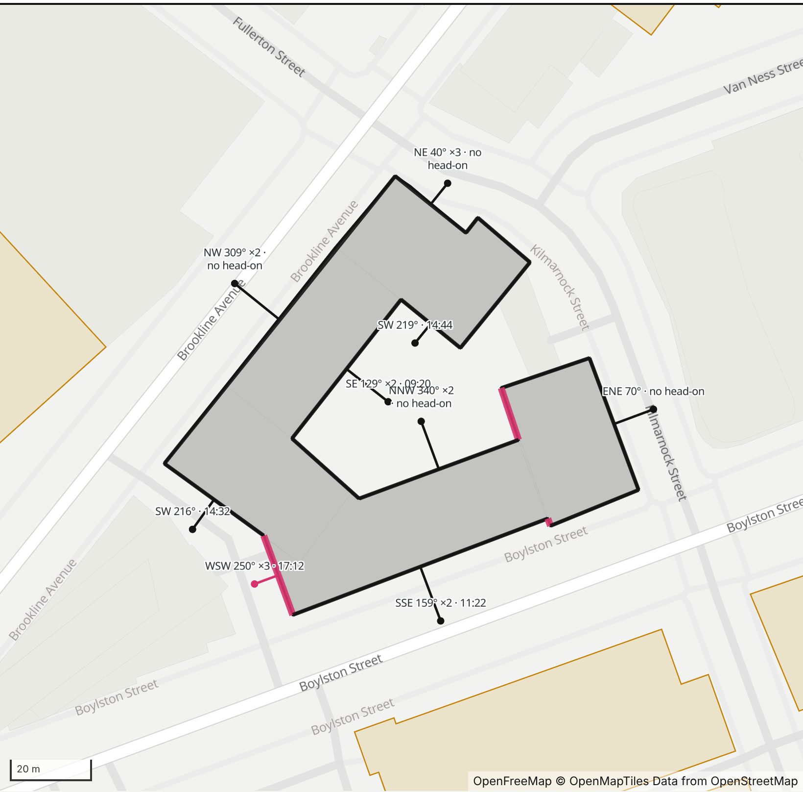 Map of Trilogy in Henge Days, with the west-southwest wall highlighted and every wall labeled with its bearing