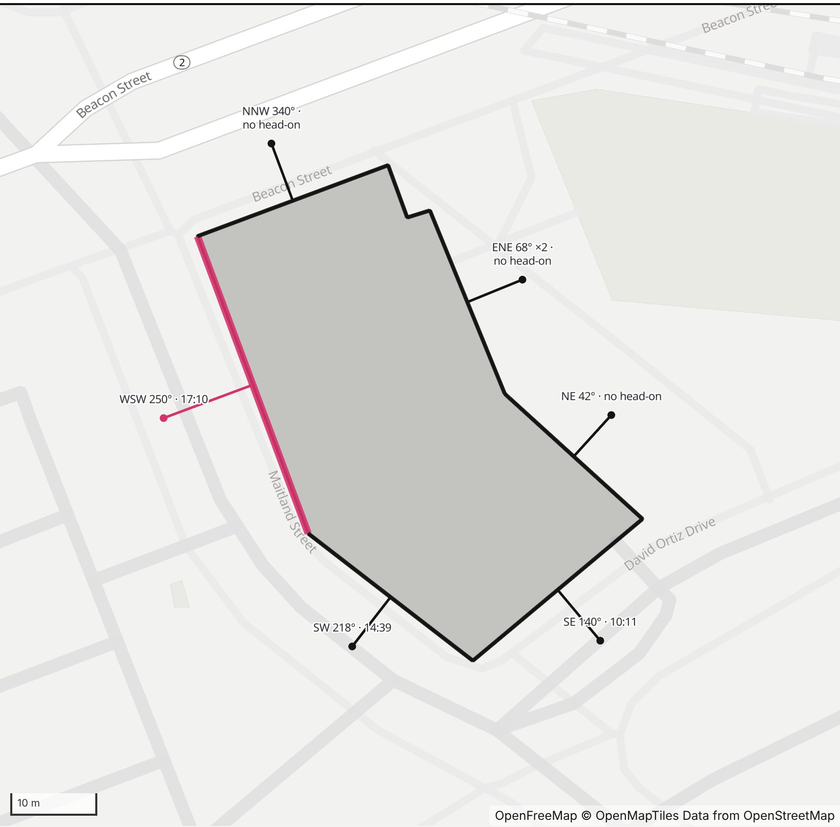 Map of Bower in Henge Days, with the west-southwest wall highlighted and every wall labeled with its bearing